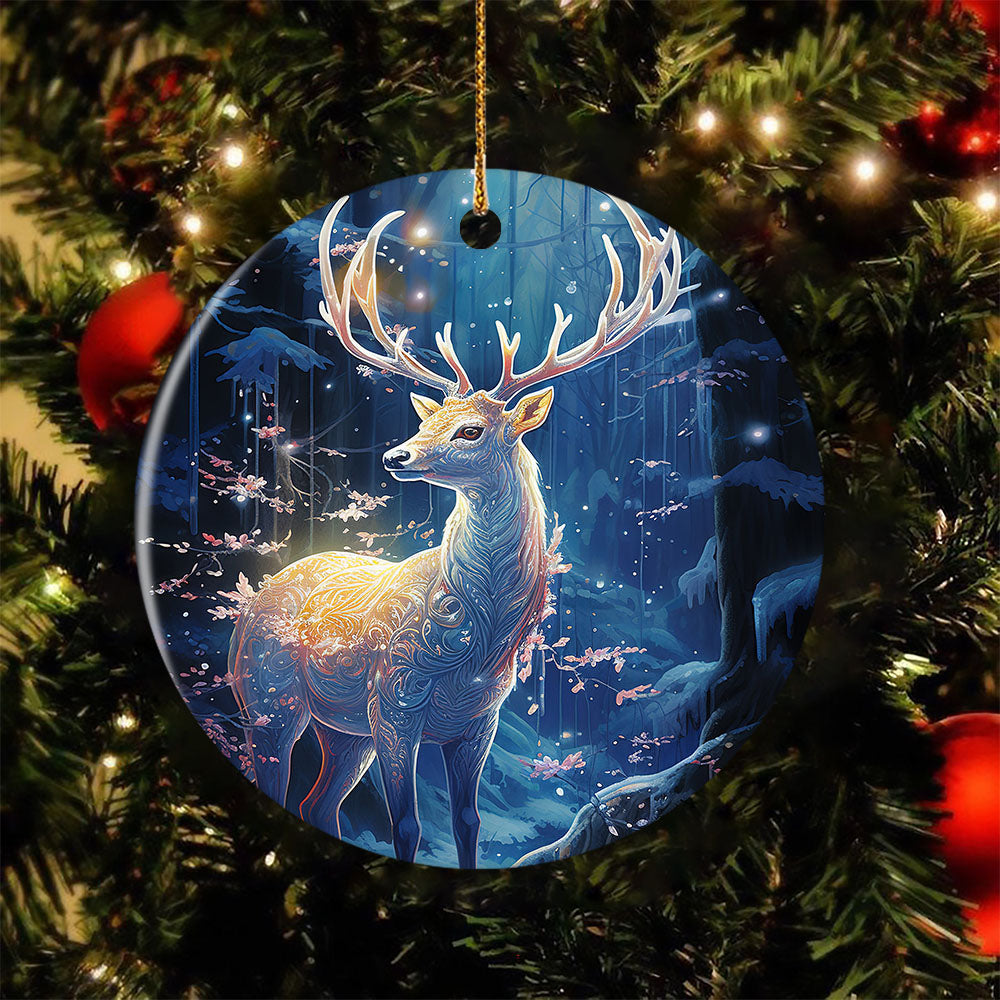 A Luminous Guardian of the Winter Forest, Deer Circle Ceramic Ornament Christmas Gift