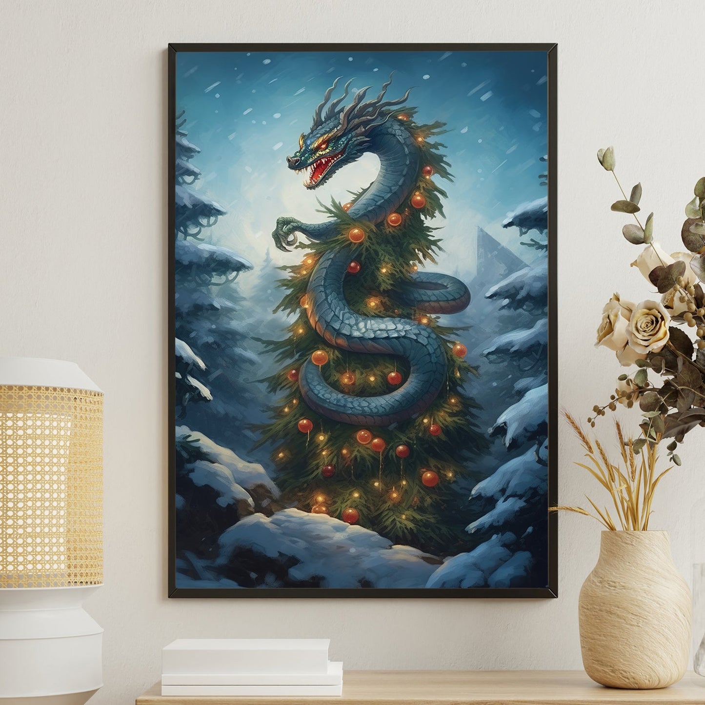 Dragonpine Delight A Mythical Celebration of Winter, Christmas Canvas Painting, Xmas Wall Art Decor - Christmas Poster Gift For Dragon Lovers