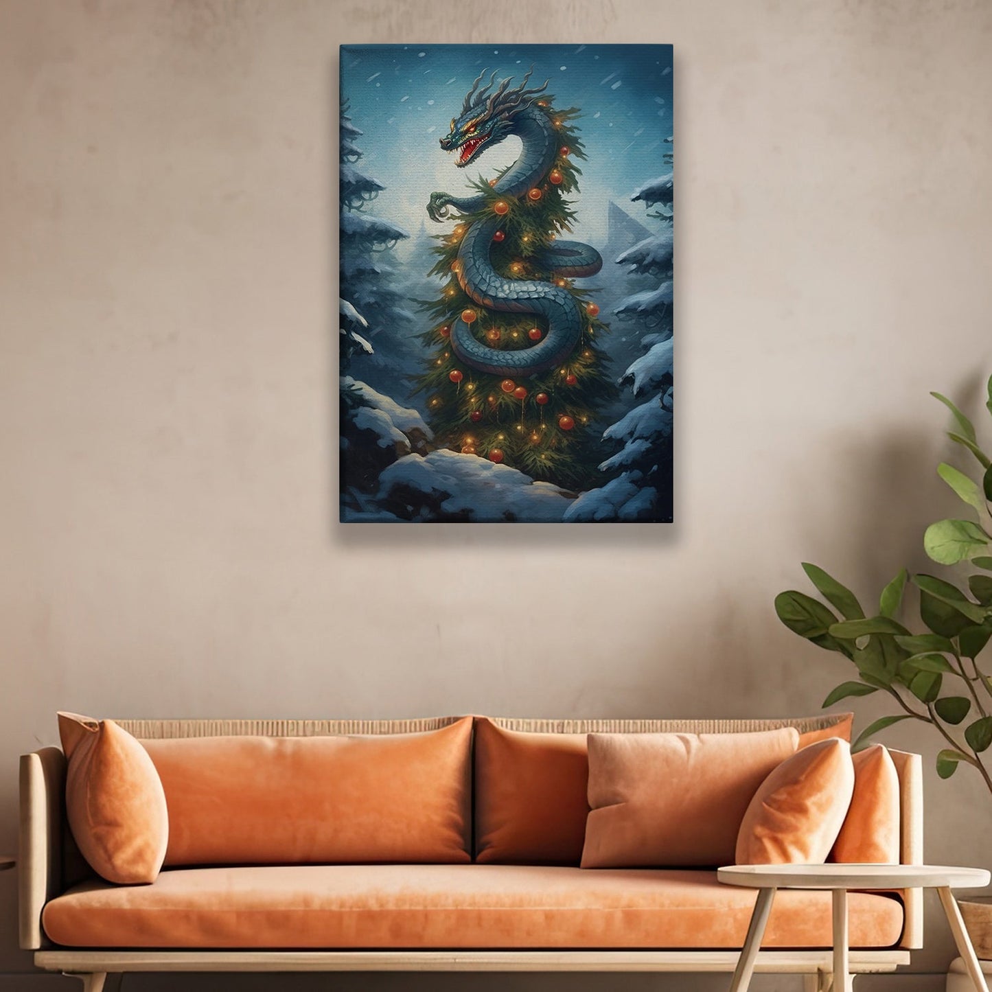 Dragonpine Delight A Mythical Celebration of Winter, Christmas Canvas Painting, Xmas Wall Art Decor - Christmas Poster Gift For Dragon Lovers