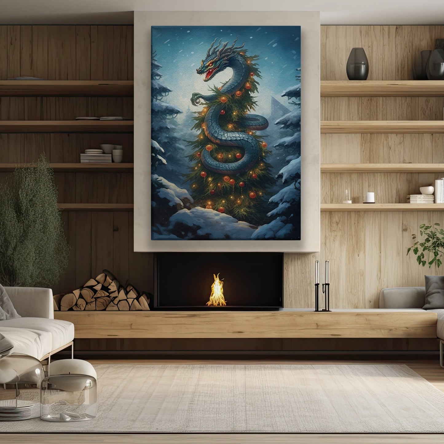 Dragonpine Delight A Mythical Celebration of Winter, Christmas Canvas Painting, Xmas Wall Art Decor - Christmas Poster Gift For Dragon Lovers