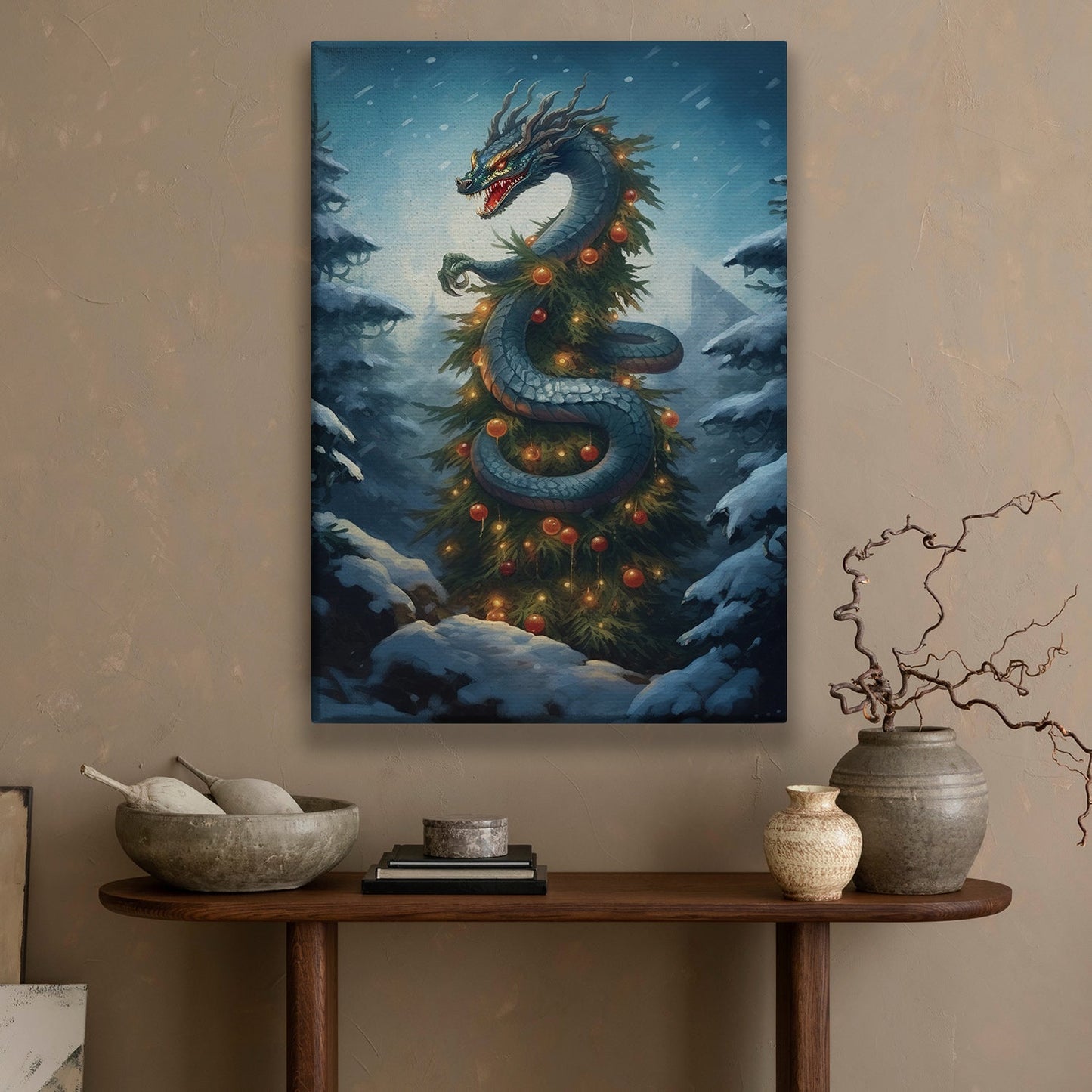 Dragonpine Delight A Mythical Celebration of Winter, Christmas Canvas Painting, Xmas Wall Art Decor - Christmas Poster Gift For Dragon Lovers