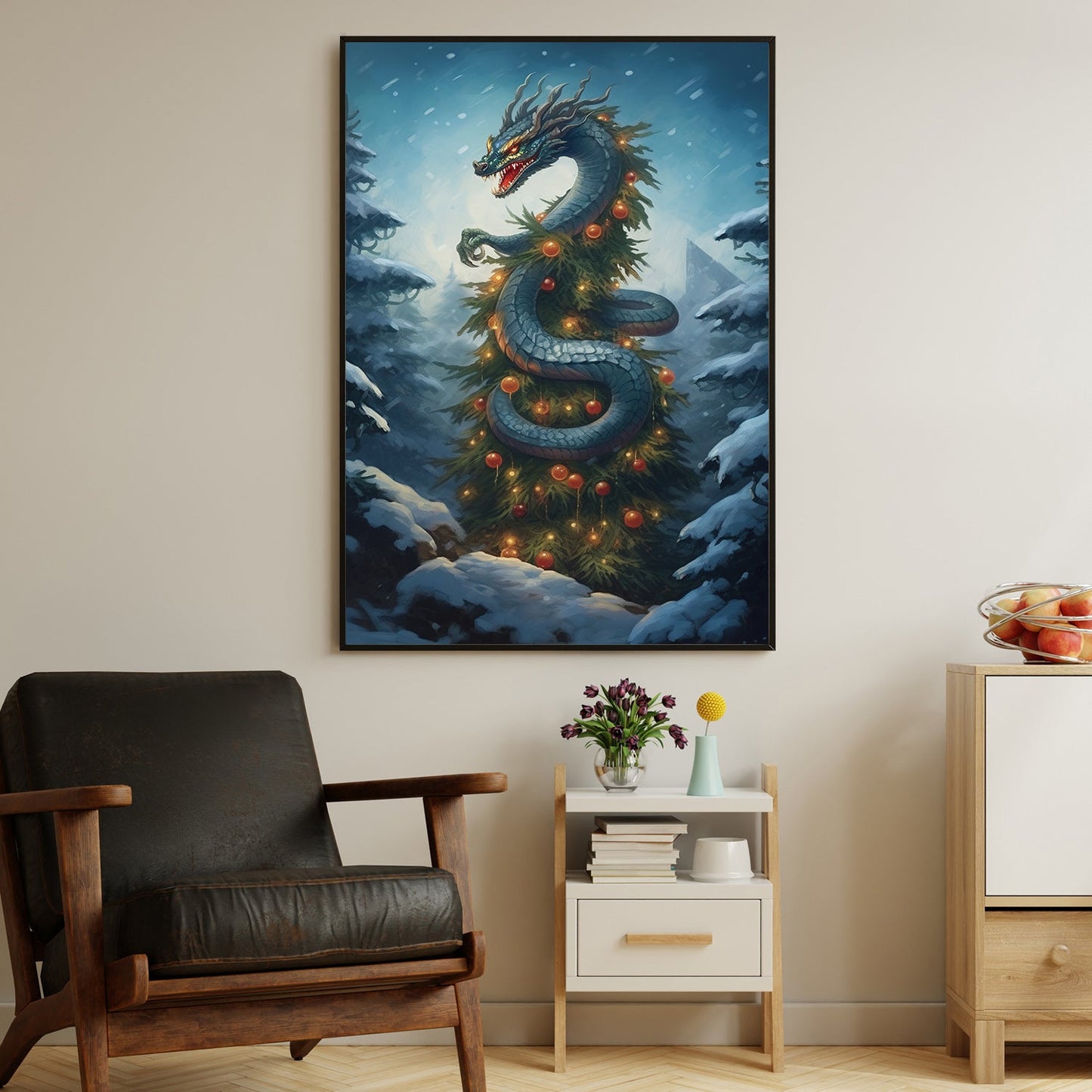 Dragonpine Delight A Mythical Celebration of Winter, Christmas Canvas Painting, Xmas Wall Art Decor - Christmas Poster Gift For Dragon Lovers