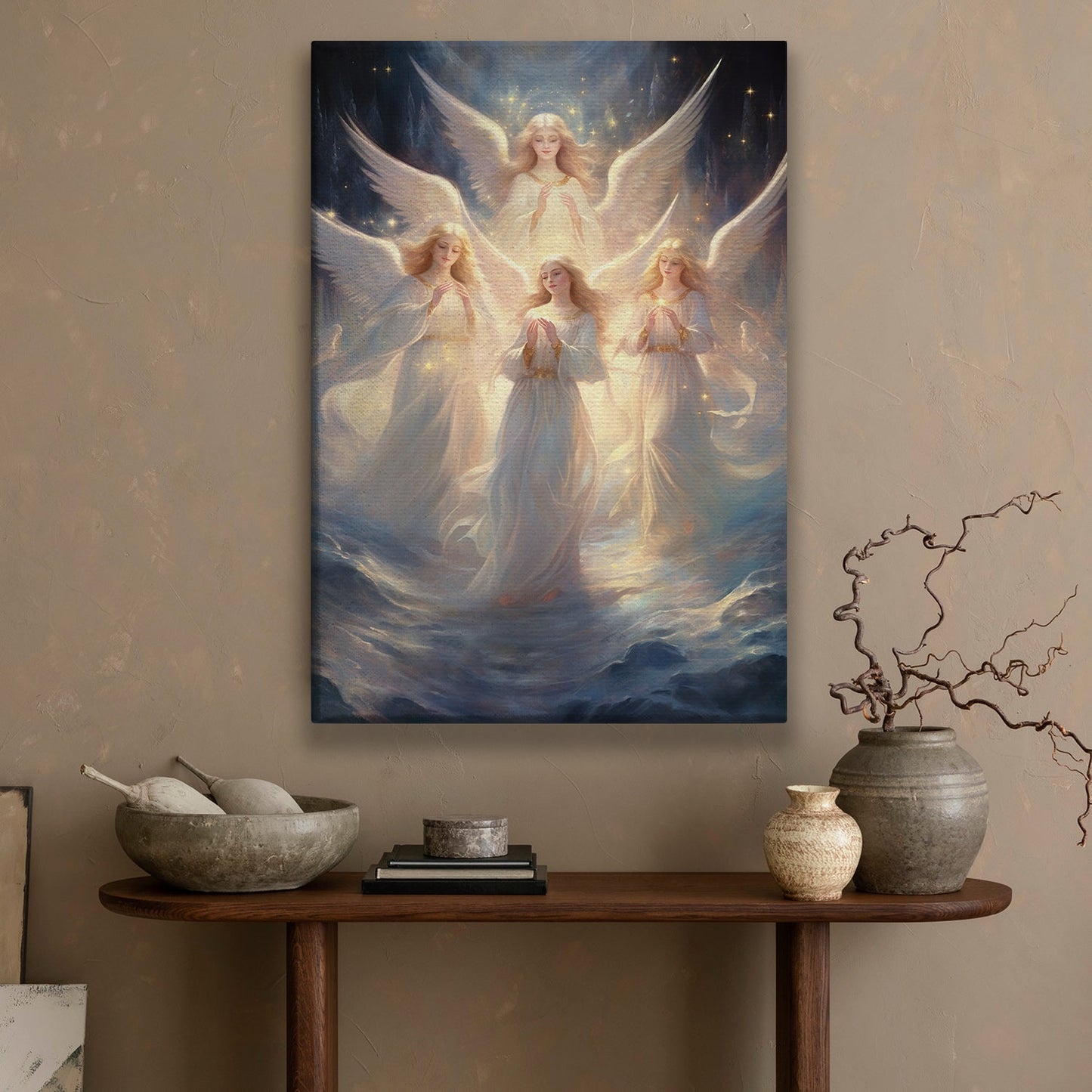 Angels Amidst The Stars, Christmas Canvas Painting, Xmas Wall Art Decor - Christmas Poster Gift For Angel Lovers