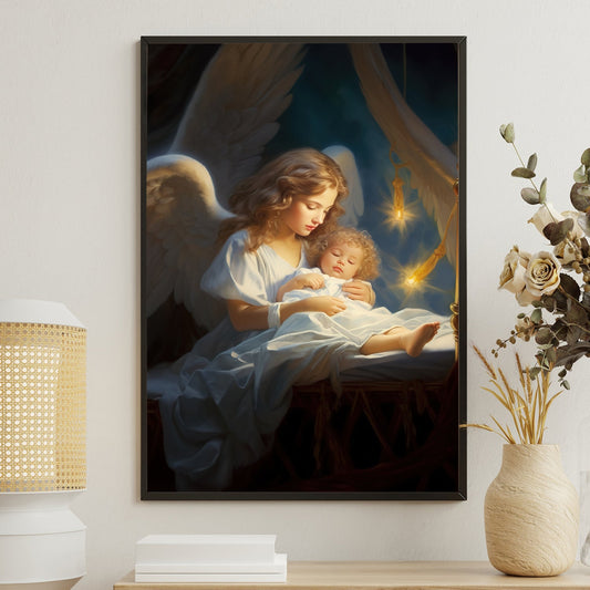 Divine Embrace Angel's Lullaby, Christmas Canvas Painting, Xmas Wall Art Decor - Christmas Poster Gift For Angel Lovers