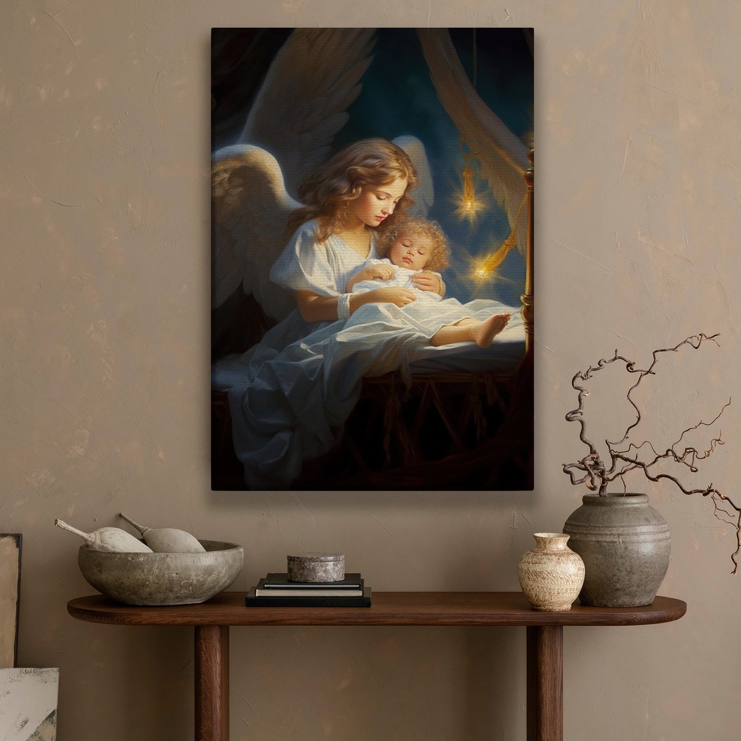 Divine Embrace Angel's Lullaby, Christmas Canvas Painting, Xmas Wall Art Decor - Christmas Poster Gift For Angel Lovers