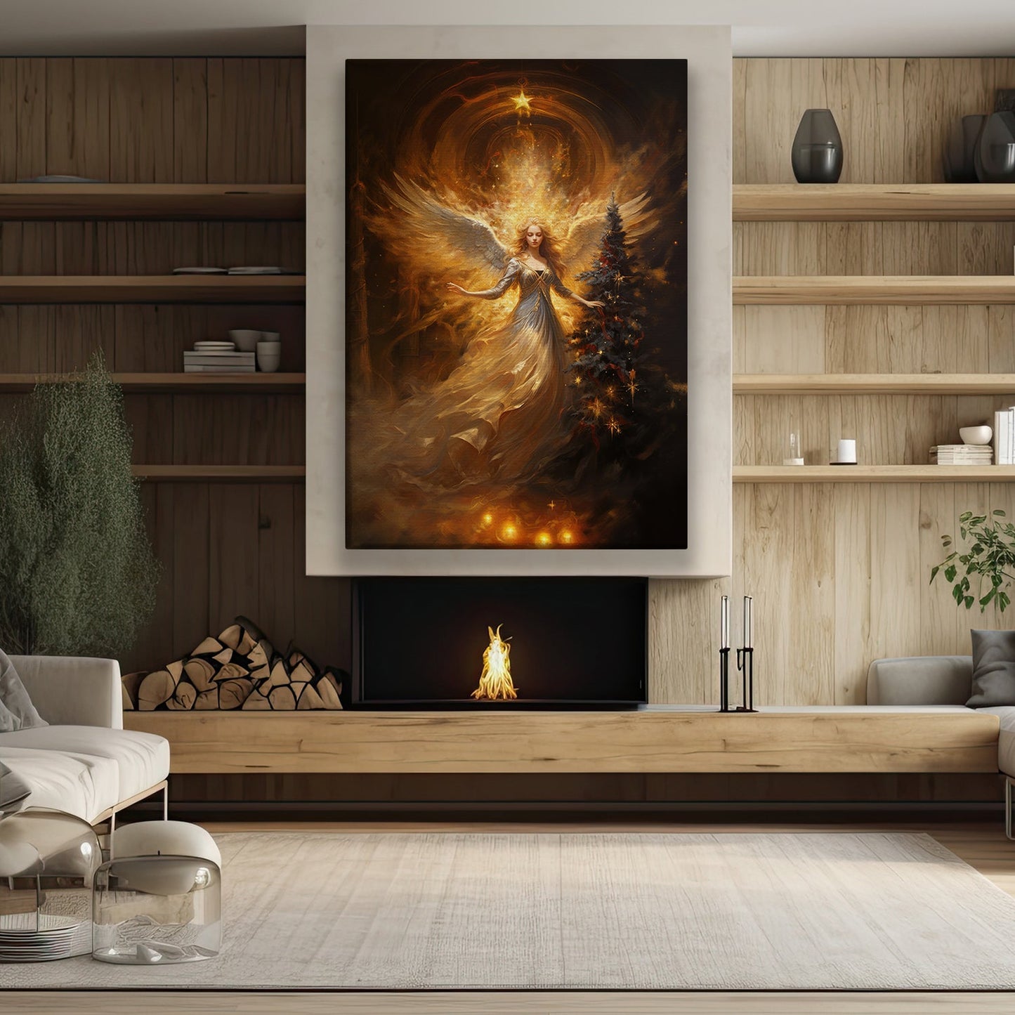 Angel's Embrace Of Light And Shadow, Christmas Canvas Painting, Xmas Wall Art Decor - Christmas Poster Gift For Angel Lovers