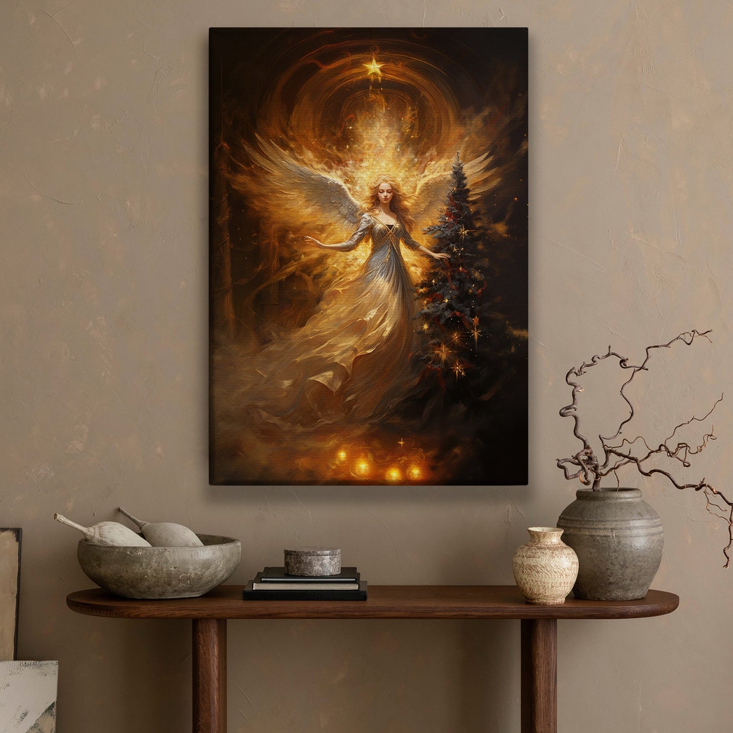 Angel's Embrace Of Light And Shadow, Christmas Canvas Painting, Xmas Wall Art Decor - Christmas Poster Gift For Angel Lovers