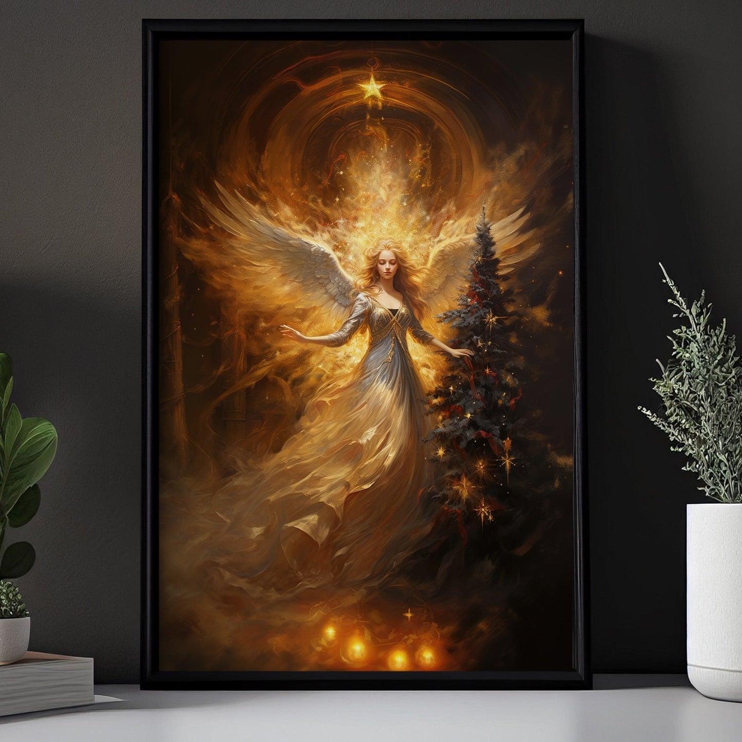 Angel's Embrace Of Light And Shadow, Christmas Canvas Painting, Xmas Wall Art Decor - Christmas Poster Gift For Angel Lovers