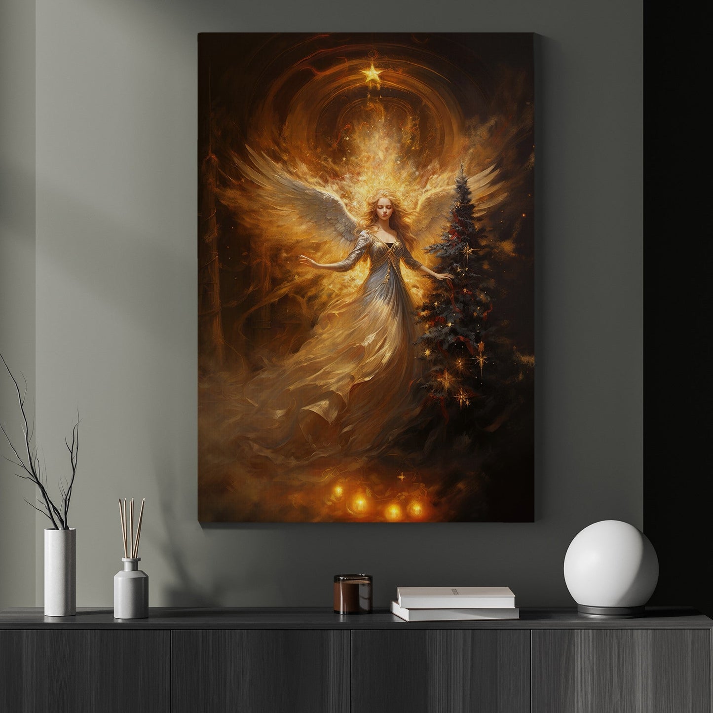 Angel's Embrace Of Light And Shadow, Christmas Canvas Painting, Xmas Wall Art Decor - Christmas Poster Gift For Angel Lovers