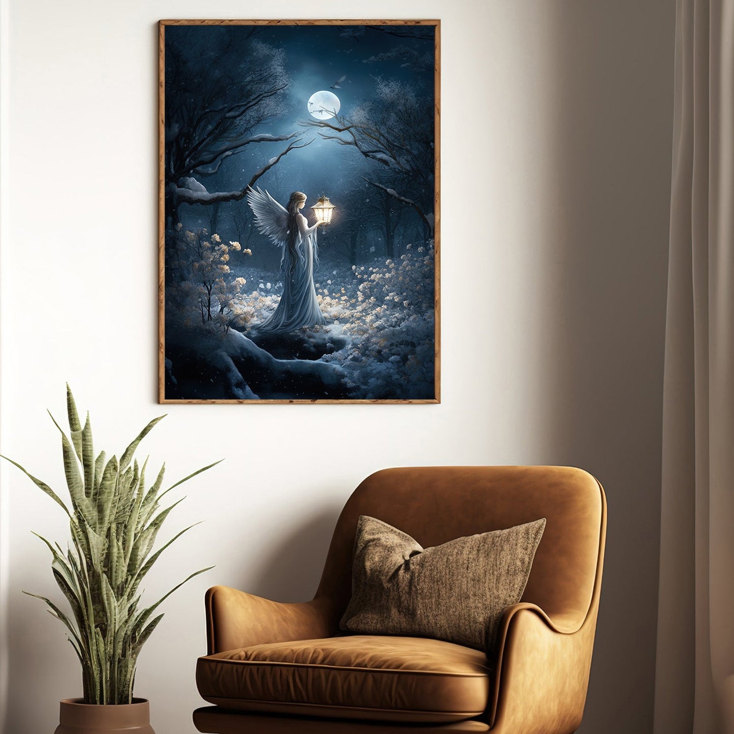 Whispers Of the Midnight Guardian Luminescent Pathway, Angel Christmas Canvas Painting, Xmas Wall Art Decor - Christmas Poster Gift For Angel Lovers