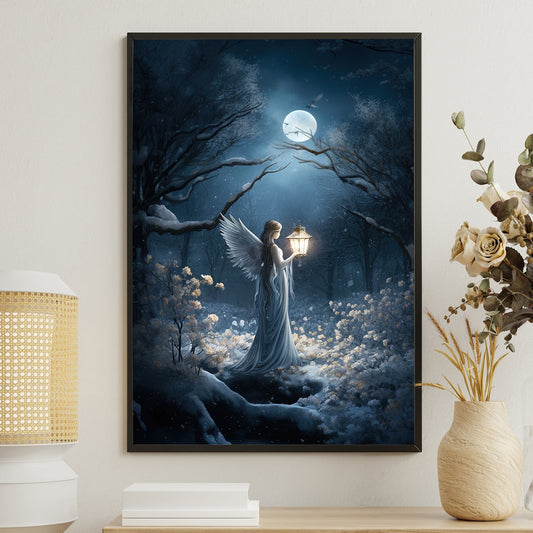 Whispers Of the Midnight Guardian Luminescent Pathway, Angel Christmas Canvas Painting, Xmas Wall Art Decor - Christmas Poster Gift For Angel Lovers