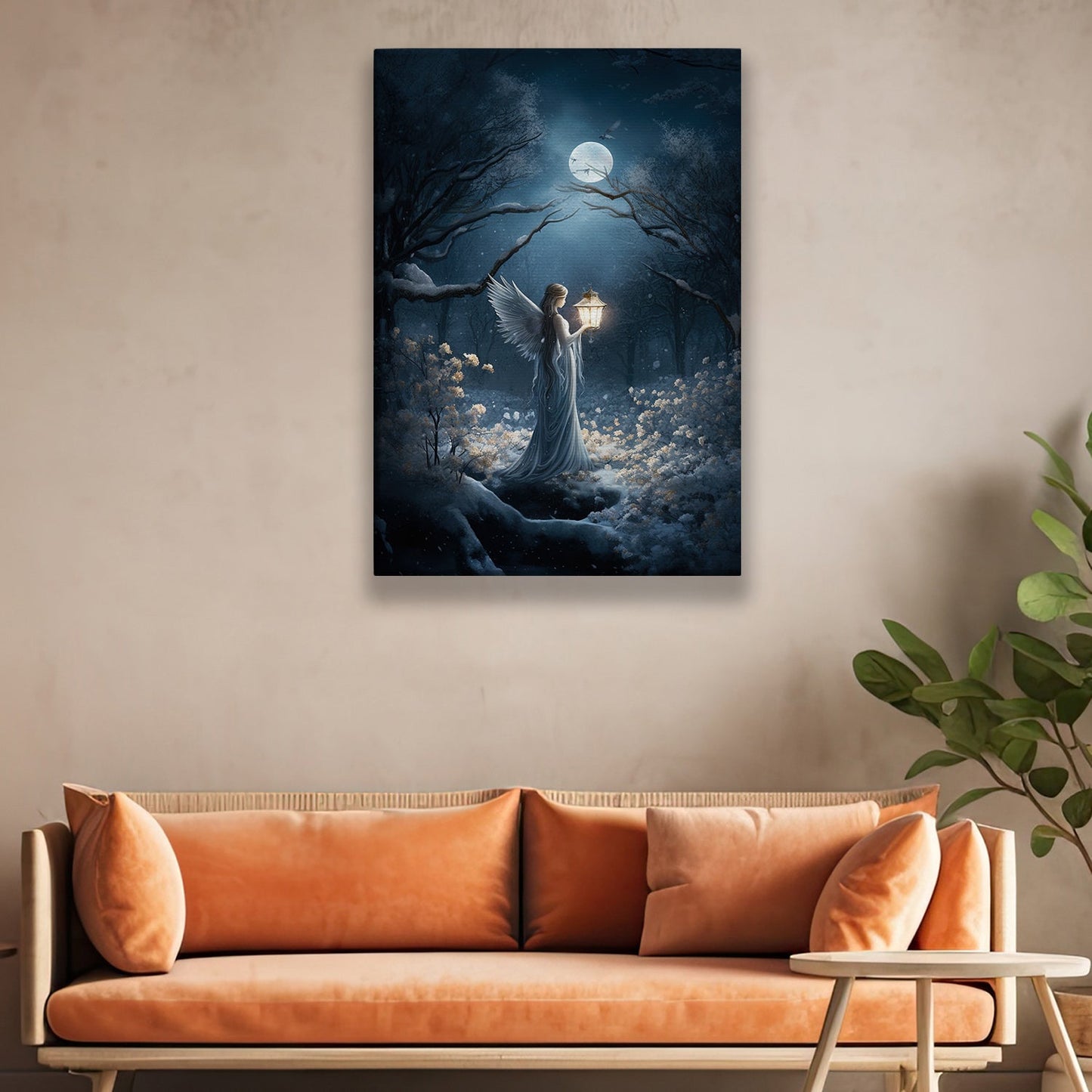 Whispers Of the Midnight Guardian Luminescent Pathway, Angel Christmas Canvas Painting, Xmas Wall Art Decor - Christmas Poster Gift For Angel Lovers