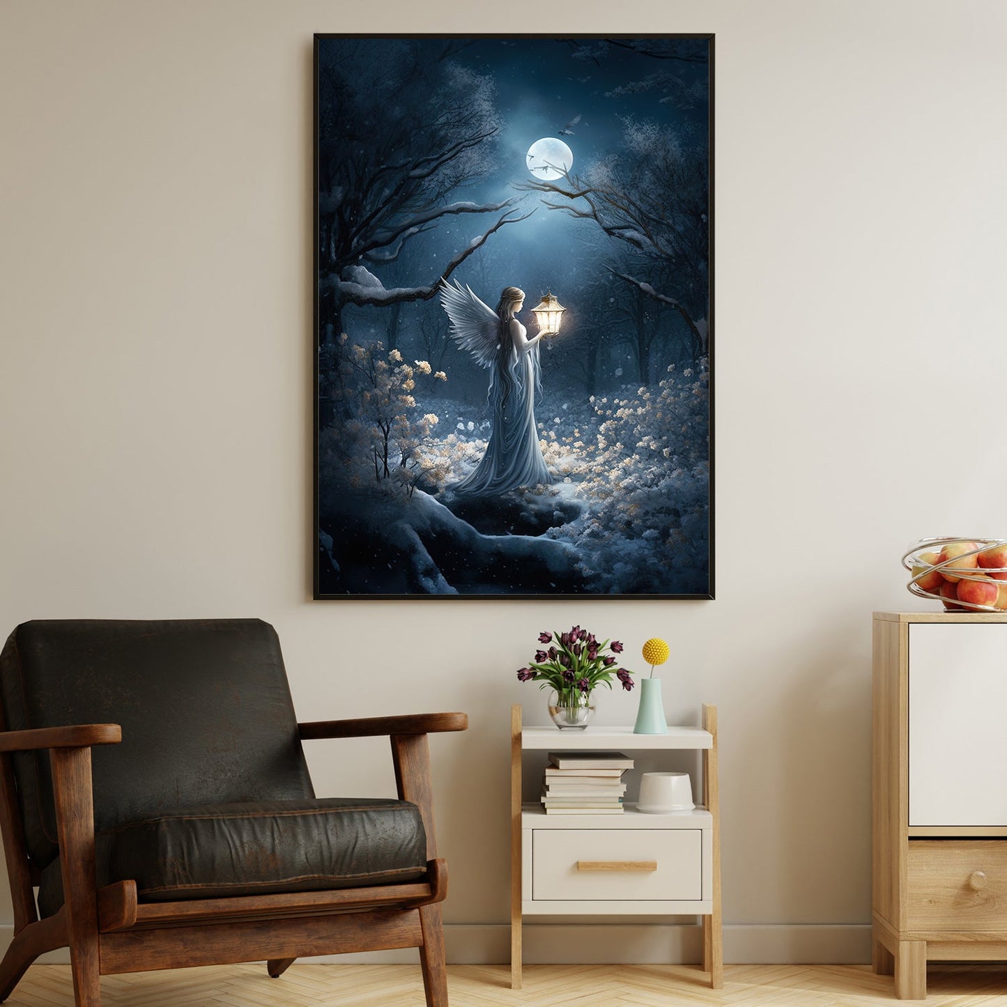 Whispers Of the Midnight Guardian Luminescent Pathway, Angel Christmas Canvas Painting, Xmas Wall Art Decor - Christmas Poster Gift For Angel Lovers