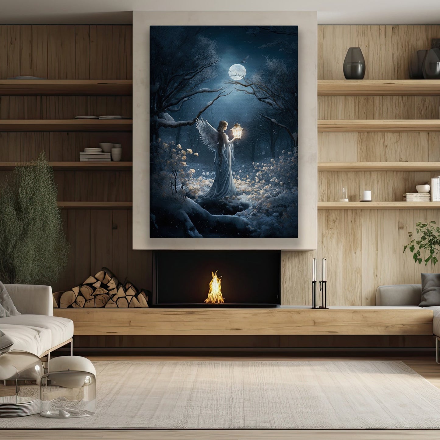 Whispers Of the Midnight Guardian Luminescent Pathway, Angel Christmas Canvas Painting, Xmas Wall Art Decor - Christmas Poster Gift For Angel Lovers