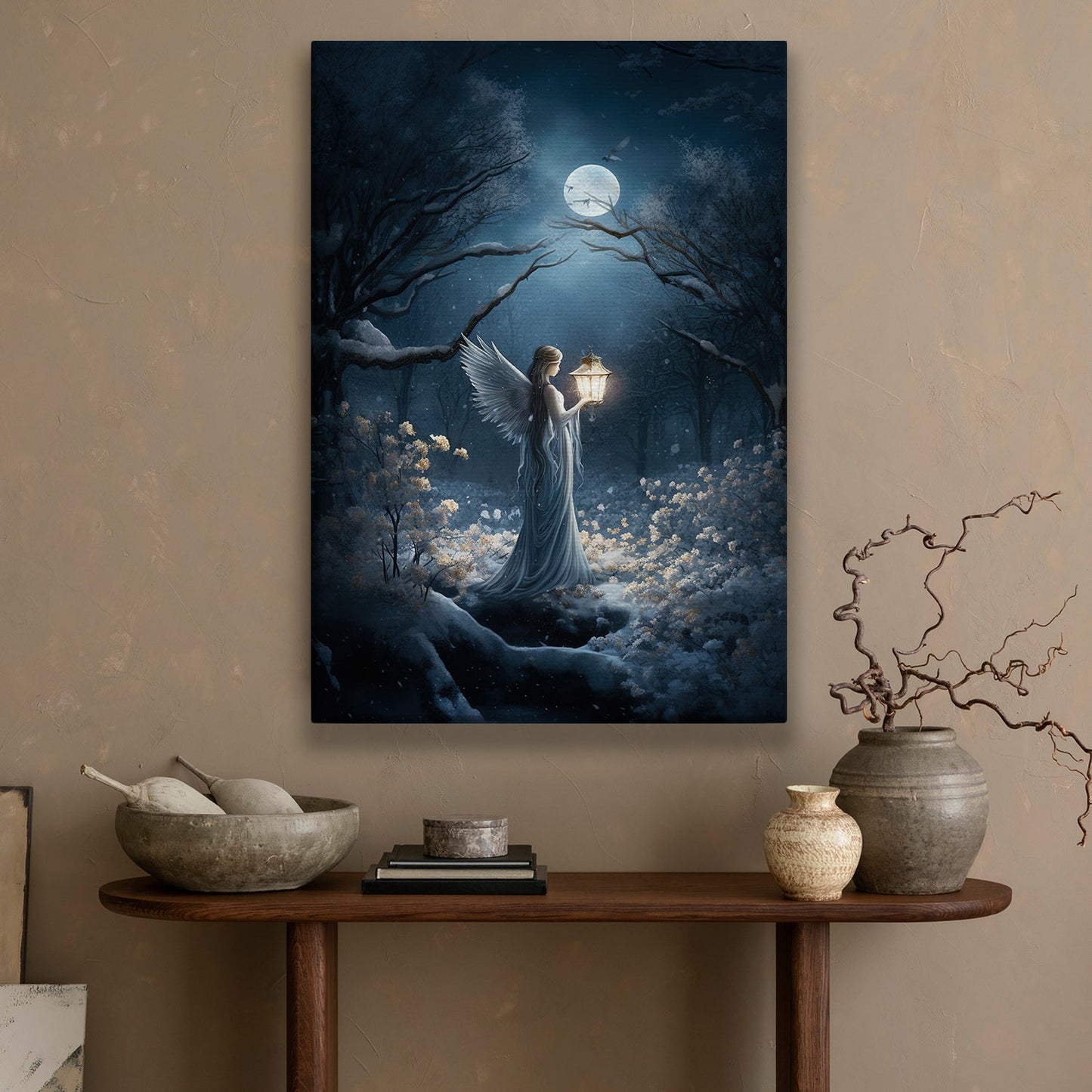 Whispers Of the Midnight Guardian Luminescent Pathway, Angel Christmas Canvas Painting, Xmas Wall Art Decor - Christmas Poster Gift For Angel Lovers