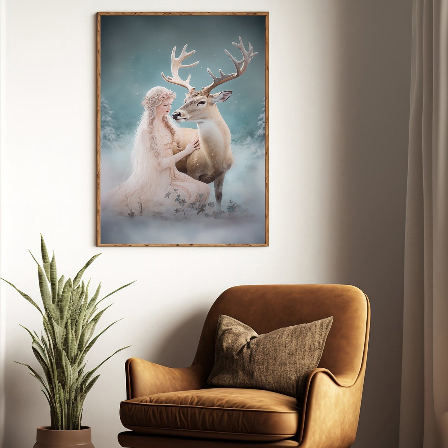 Enchanted Moment Between Maiden And Reindeer, Christmas Canvas Painting, Xmas Wall Art Decor - Christmas Poster Gift For Angel Lovers