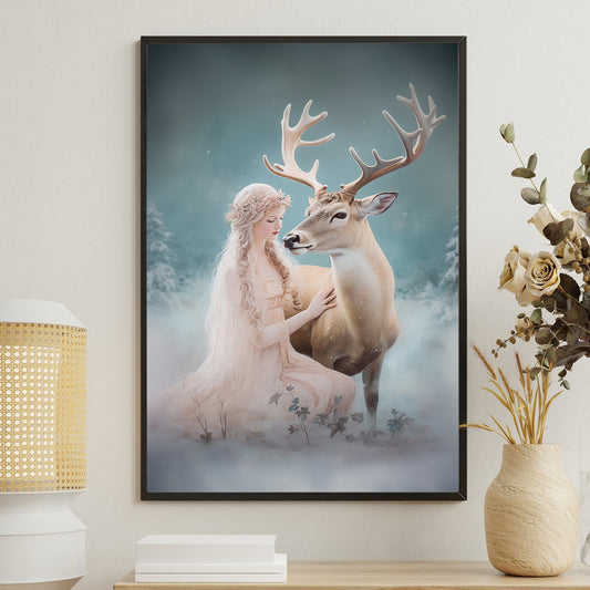 Enchanted Moment Between Maiden And Reindeer, Christmas Canvas Painting, Xmas Wall Art Decor - Christmas Poster Gift For Angel Lovers