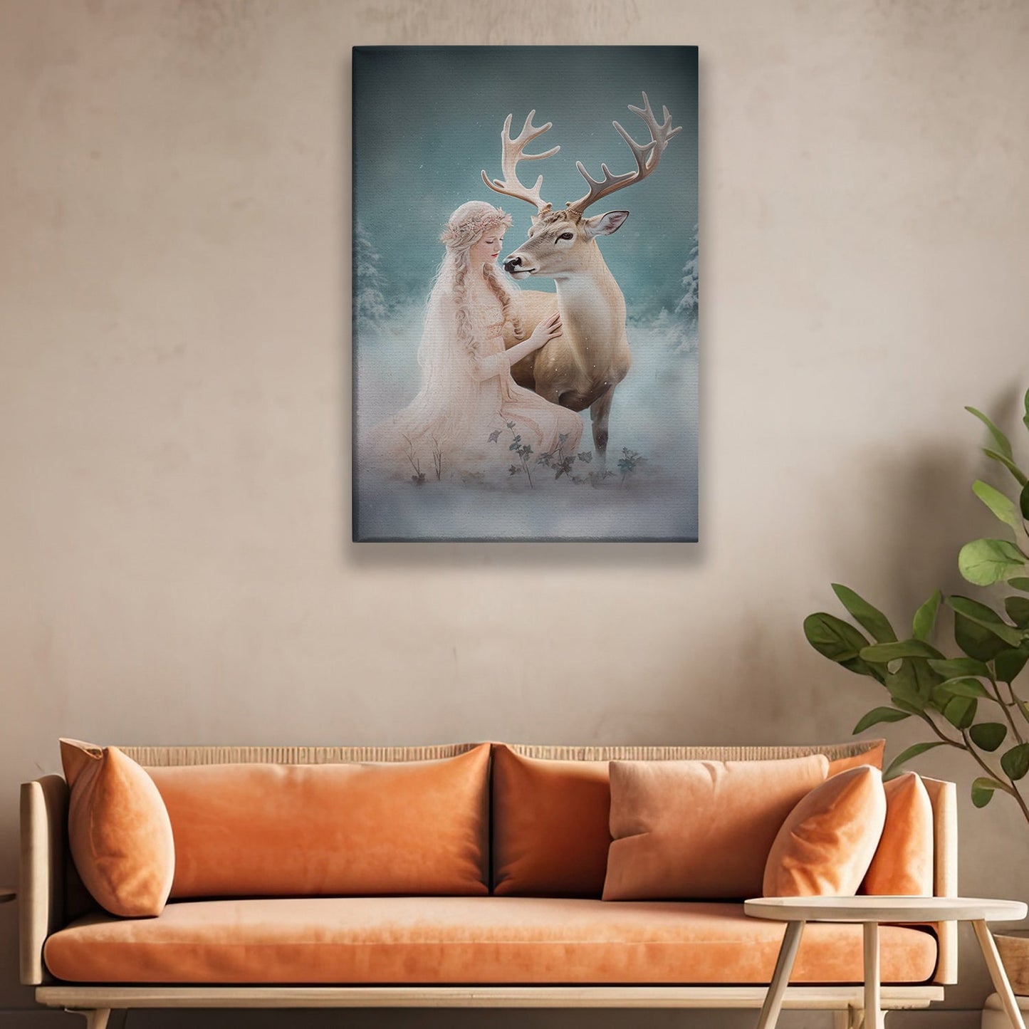 Enchanted Moment Between Maiden And Reindeer, Christmas Canvas Painting, Xmas Wall Art Decor - Christmas Poster Gift For Angel Lovers