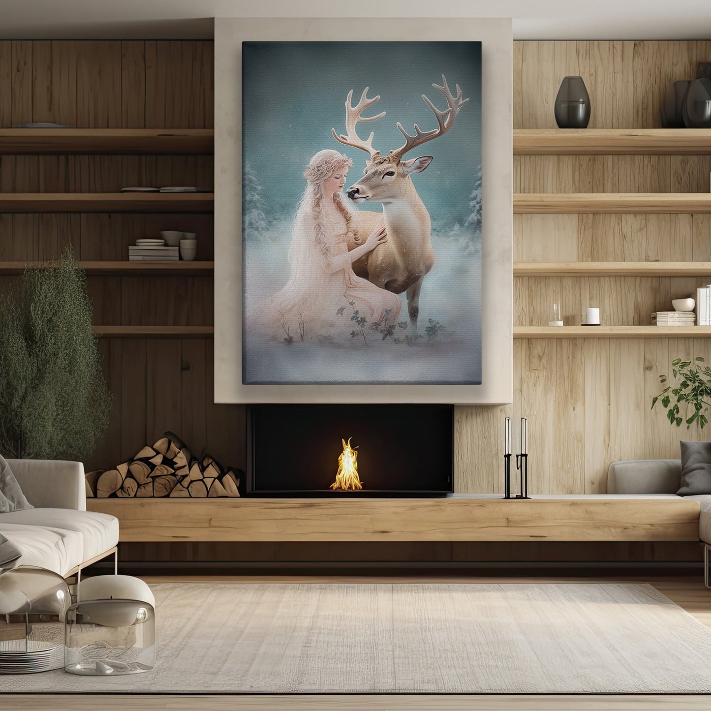 Enchanted Moment Between Maiden And Reindeer, Christmas Canvas Painting, Xmas Wall Art Decor - Christmas Poster Gift For Angel Lovers