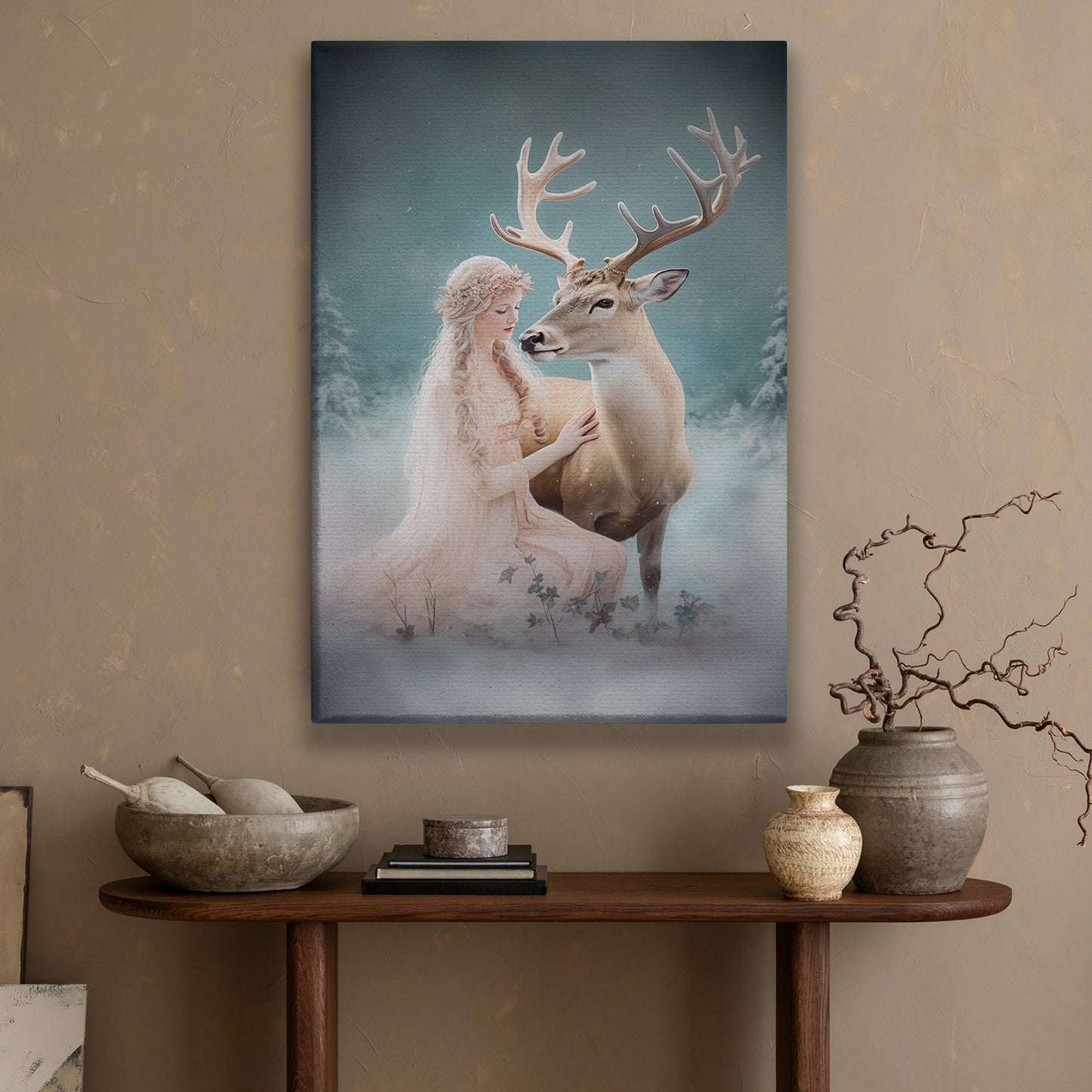 Enchanted Moment Between Maiden And Reindeer, Christmas Canvas Painting, Xmas Wall Art Decor - Christmas Poster Gift For Angel Lovers