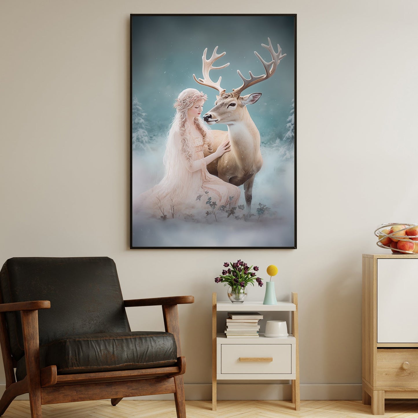 Enchanted Moment Between Maiden And Reindeer, Christmas Canvas Painting, Xmas Wall Art Decor - Christmas Poster Gift For Angel Lovers