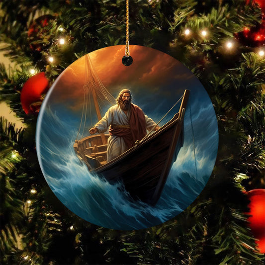 Sailing Through the Tempest A Beacon of Hope, Jesus Circle Ceramic Ornament Christmas Gift