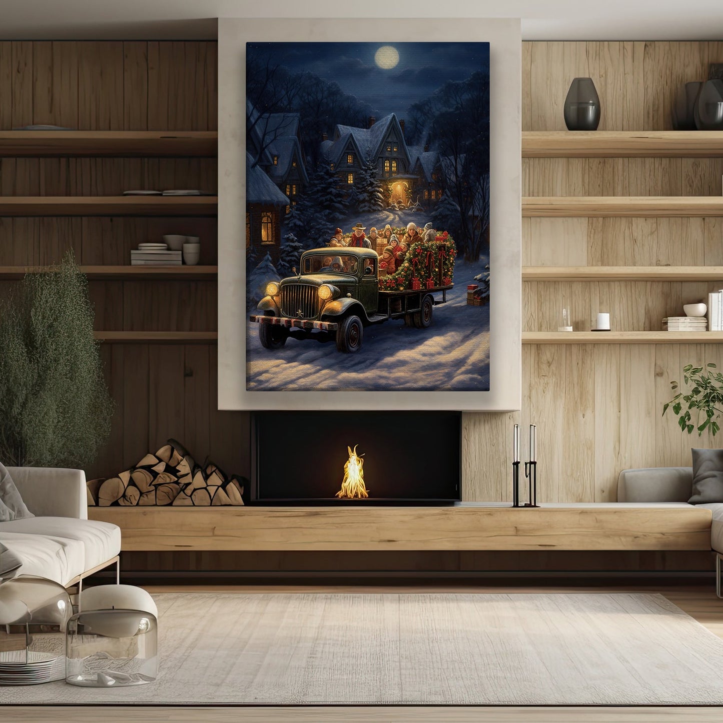 Midnight Merriment A Yuletide Journey, Christmas Canvas Painting, Xmas Wall Art Decor - Christmas Poster Gift For Truck Lovers