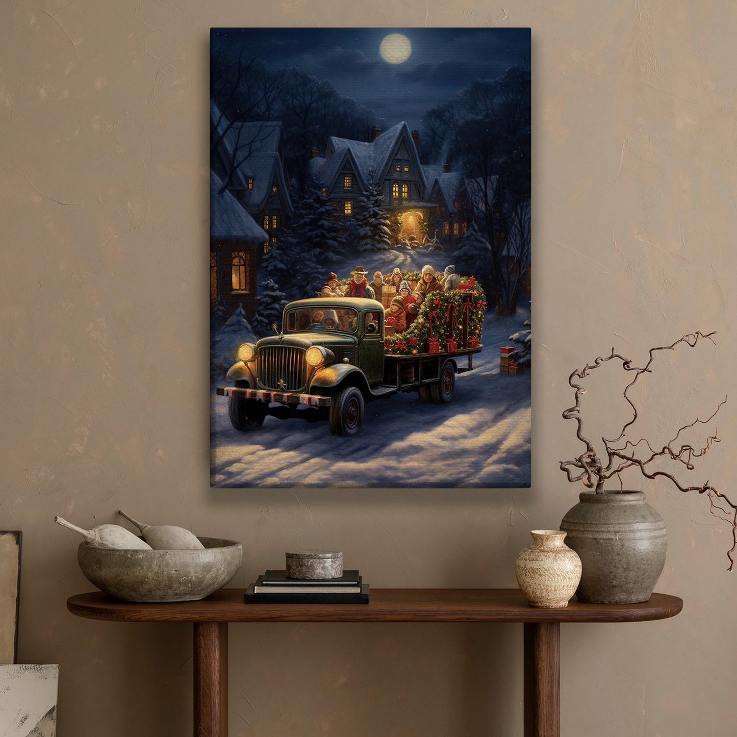Midnight Merriment A Yuletide Journey, Christmas Canvas Painting, Xmas Wall Art Decor - Christmas Poster Gift For Truck Lovers