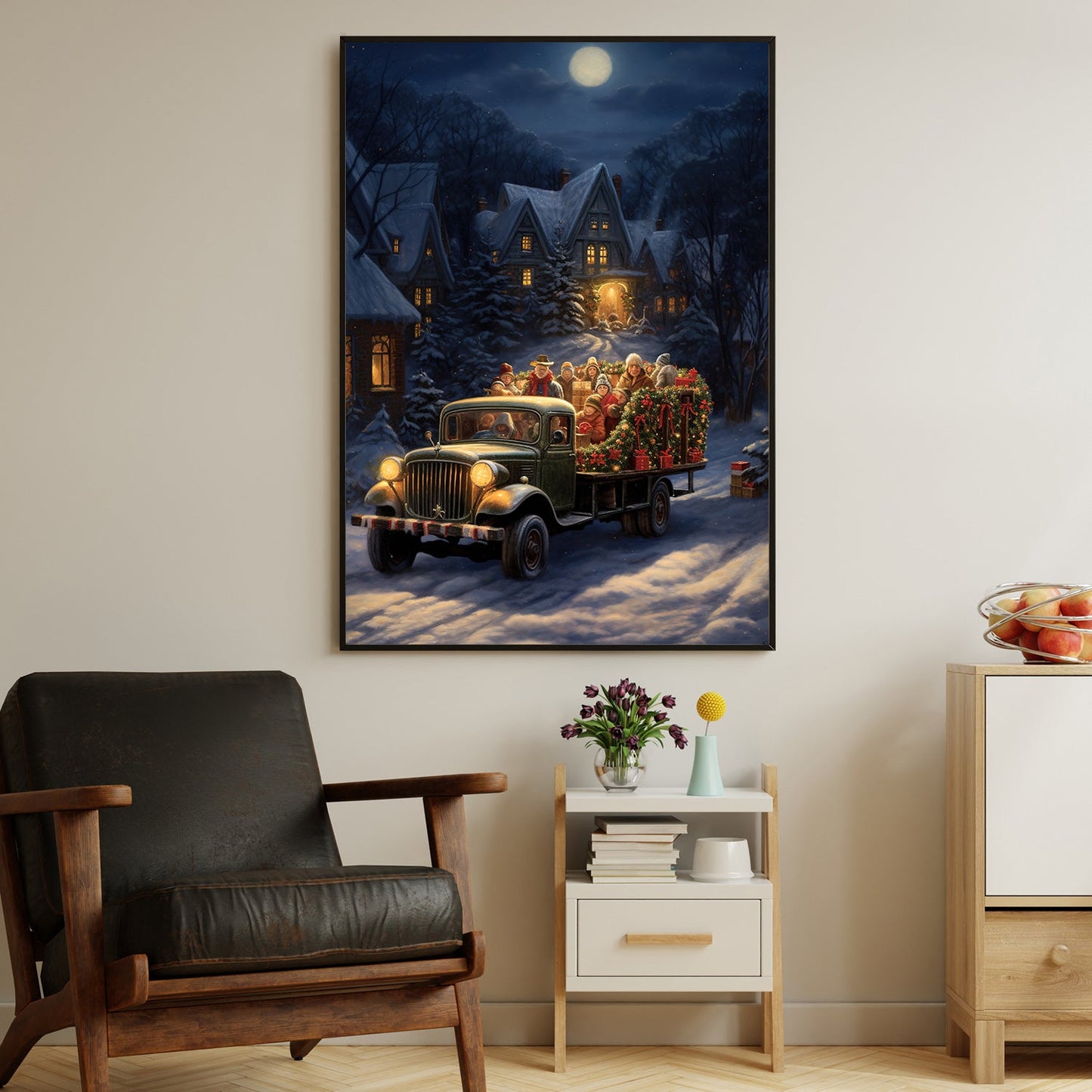 Midnight Merriment A Yuletide Journey, Christmas Canvas Painting, Xmas Wall Art Decor - Christmas Poster Gift For Truck Lovers