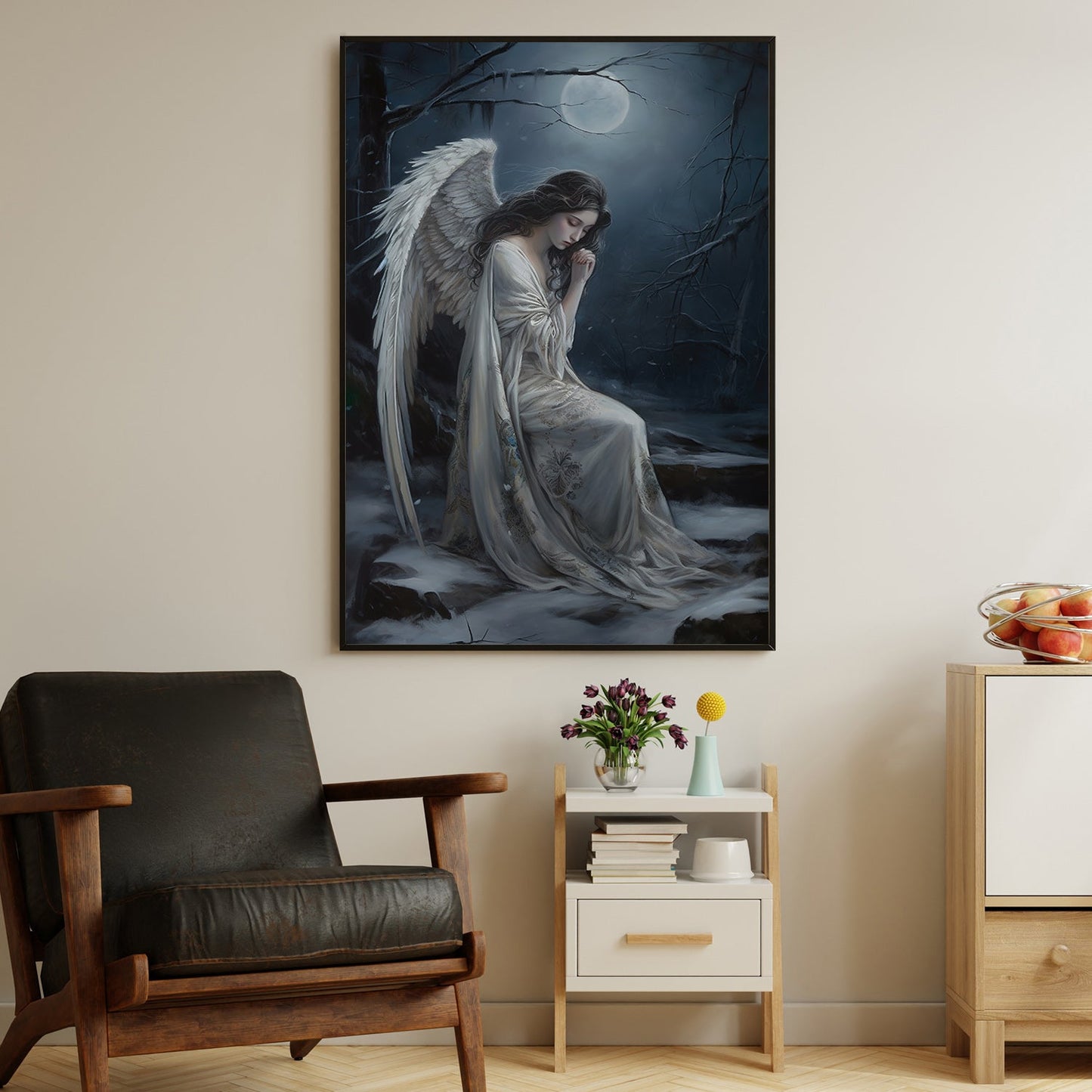 Lunar Lament The Angel's Midnight Solace, Christmas Canvas Painting, Xmas Wall Art Decor - Christmas Poster Gift For Angel Lovers