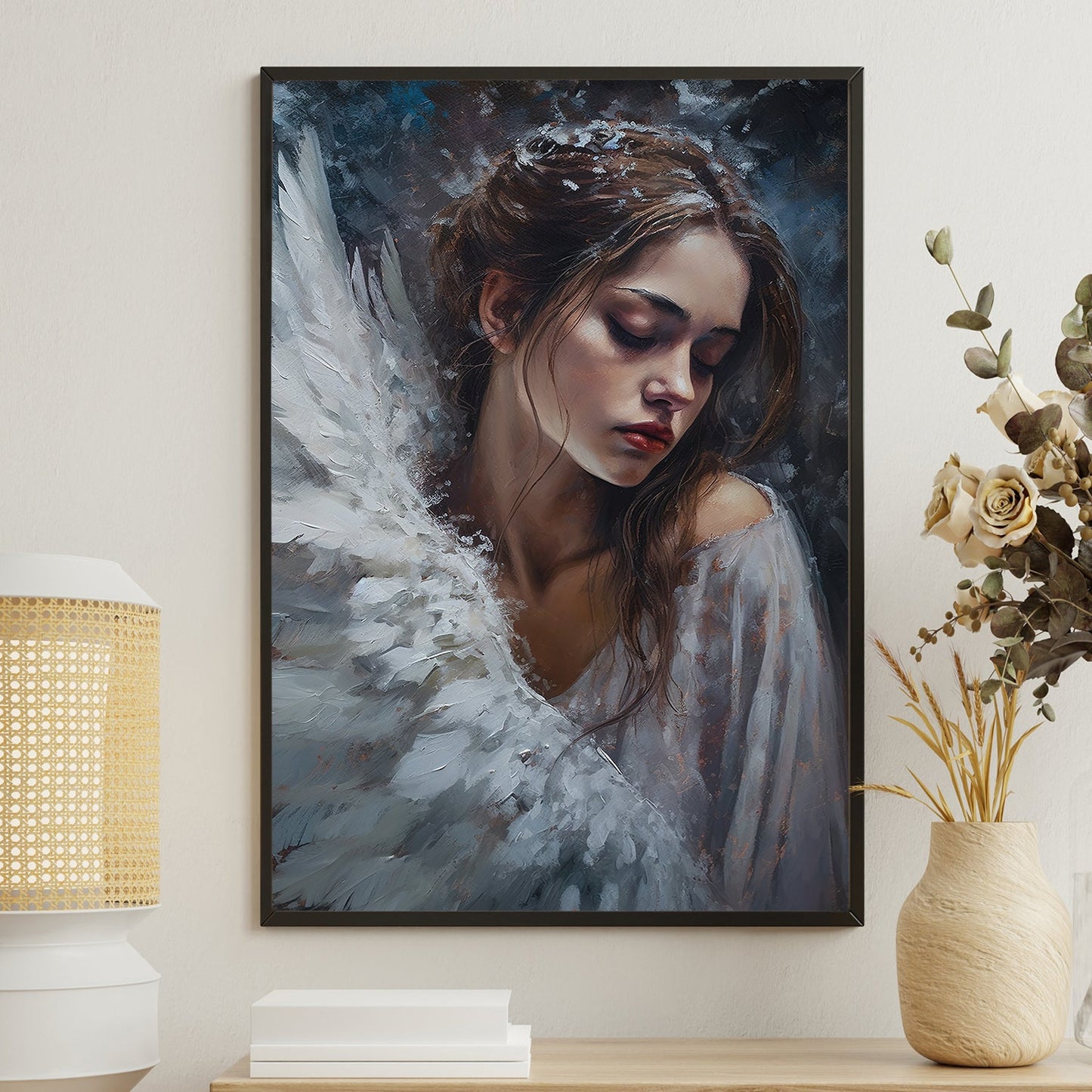 Seraphic Descent Dreams Amidst the Cosmos, Christmas Canvas Painting, Xmas Wall Art Decor - Christmas Poster Gift For Angel Lovers