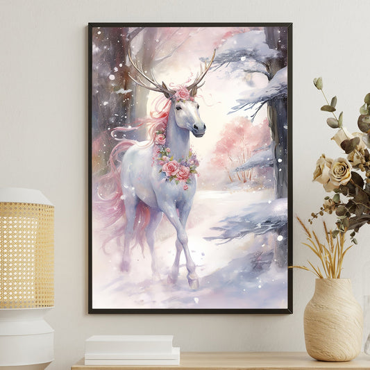 Mystical Winter Emissary The Enchanted Unicorn, Christmas Canvas Painting, Xmas Wall Art Decor - Christmas Poster Gift For Horse Lovers