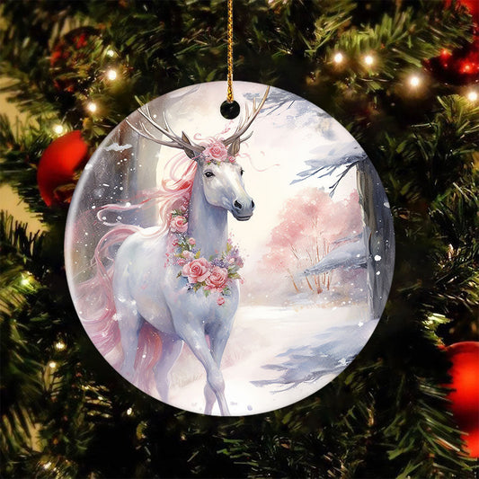 Mystical Winter Emissary, Horse Circle Ceramic Ornament Christmas Gift