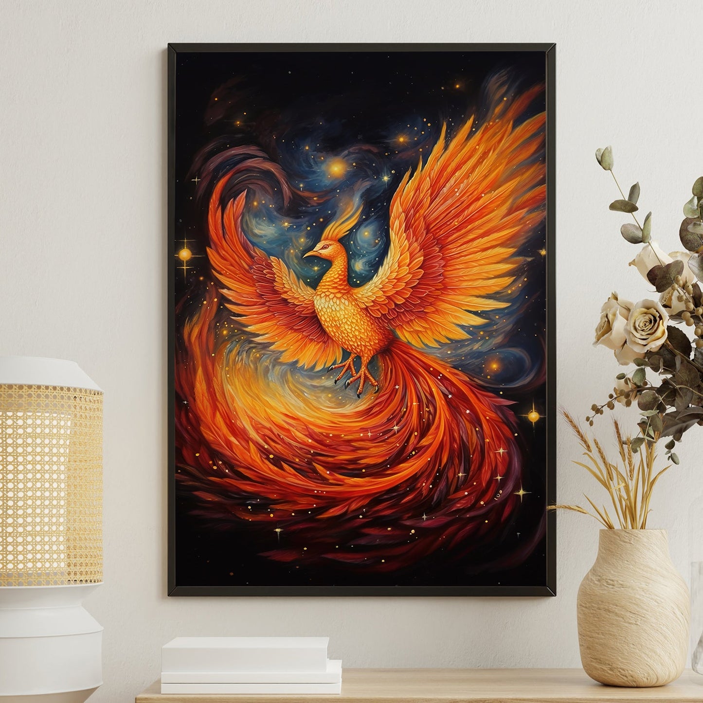 Resplendent Rebirth Dance of the Cosmic Phoenix, Christmas Canvas Painting, Xmas Wall Art Decor - Christmas Poster Gift For Phoenix Lovers