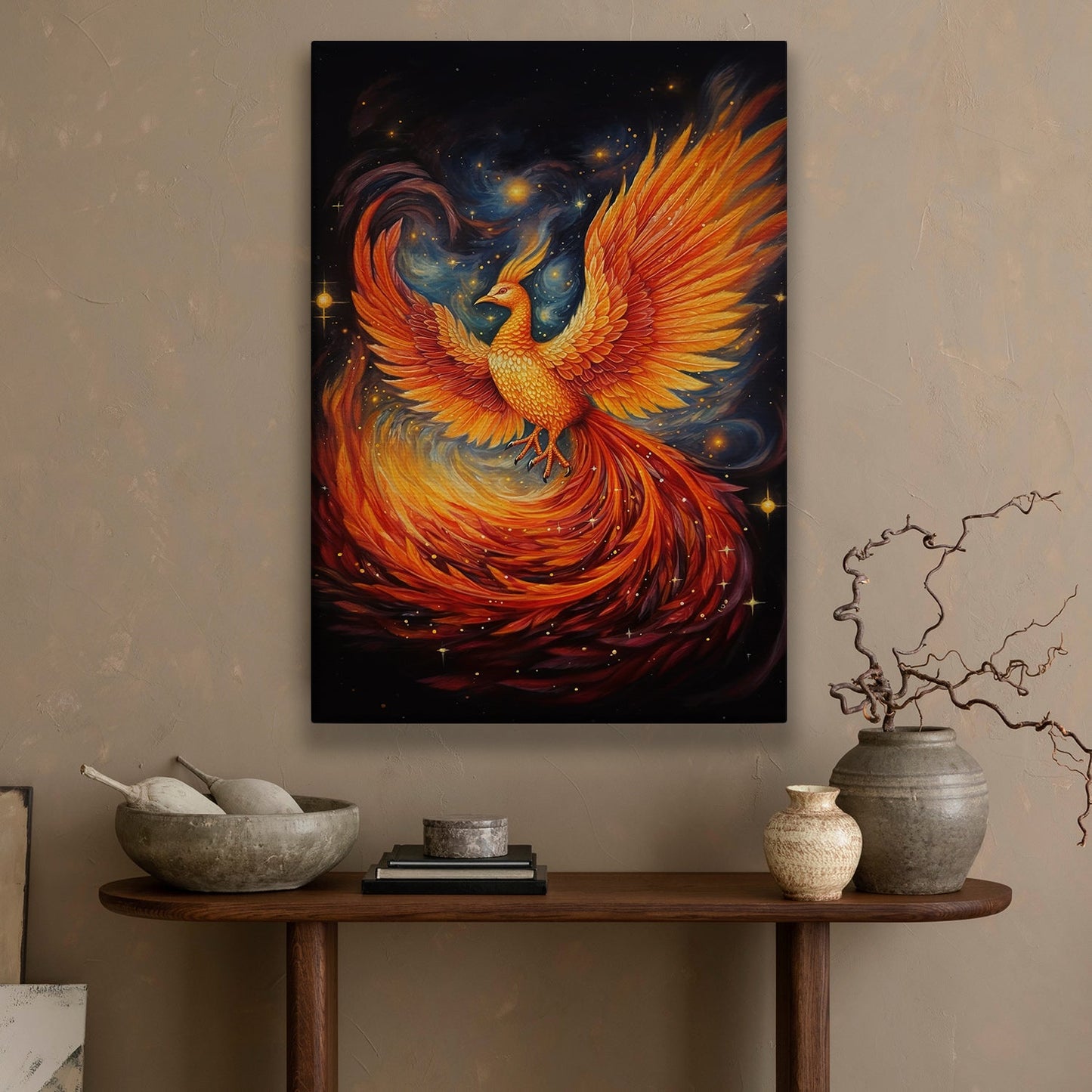 Resplendent Rebirth Dance of the Cosmic Phoenix, Christmas Canvas Painting, Xmas Wall Art Decor - Christmas Poster Gift For Phoenix Lovers