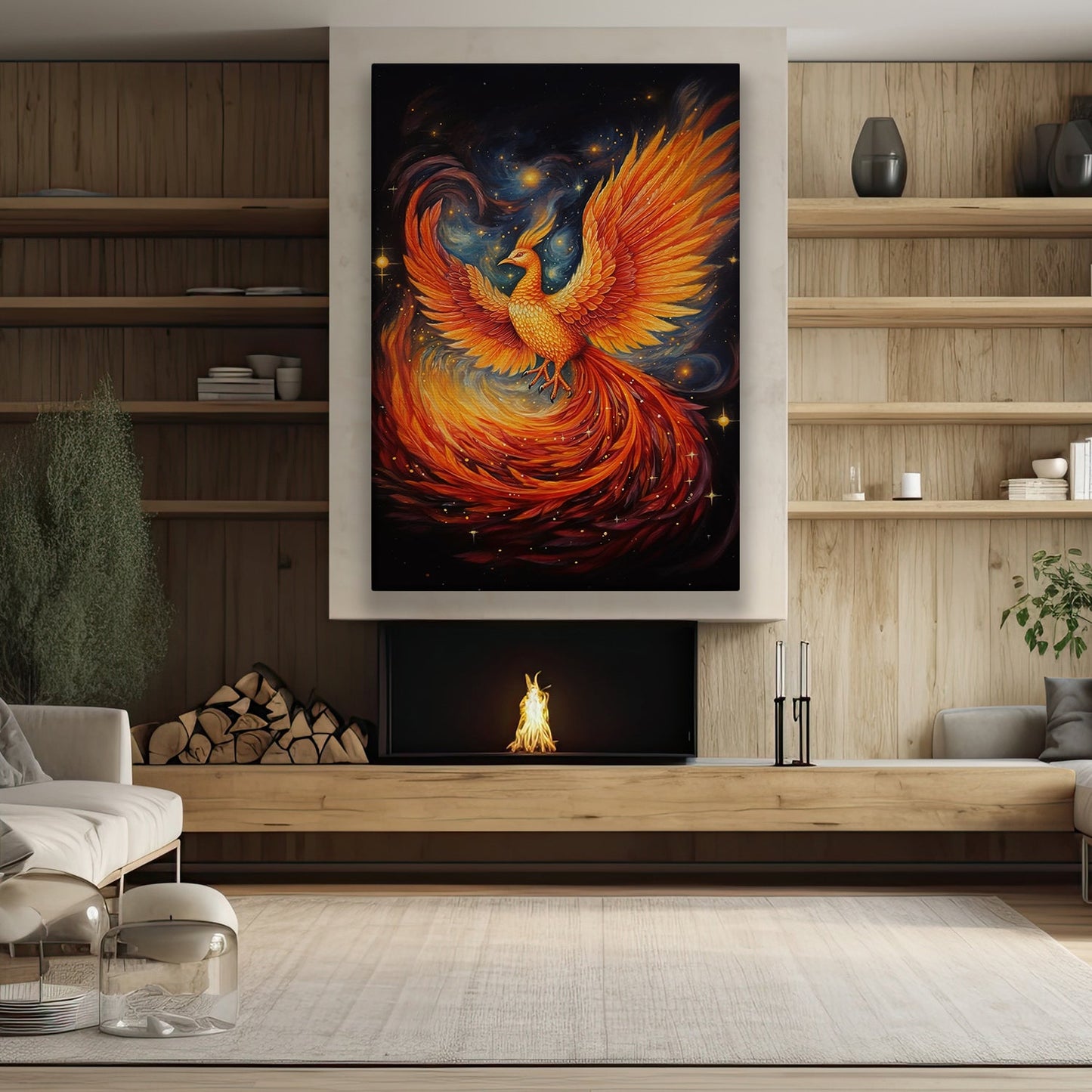 Resplendent Rebirth Dance of the Cosmic Phoenix, Christmas Canvas Painting, Xmas Wall Art Decor - Christmas Poster Gift For Phoenix Lovers