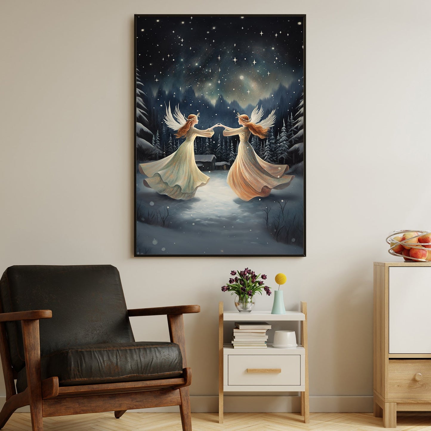 Dance of the Celestial Guardians Midnight Serenade, Christmas Canvas Painting, Xmas Wall Art Decor - Christmas Poster Gift For Angel Lovers