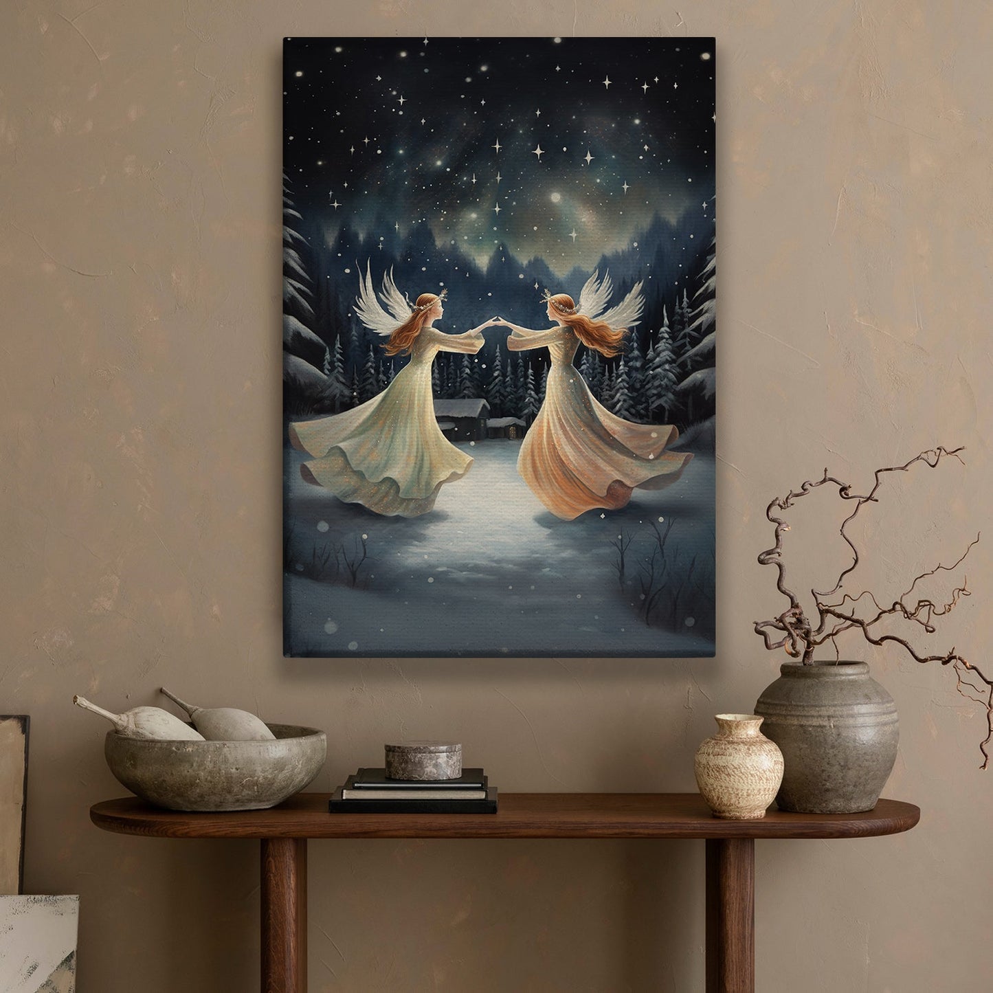 Dance of the Celestial Guardians Midnight Serenade, Christmas Canvas Painting, Xmas Wall Art Decor - Christmas Poster Gift For Angel Lovers