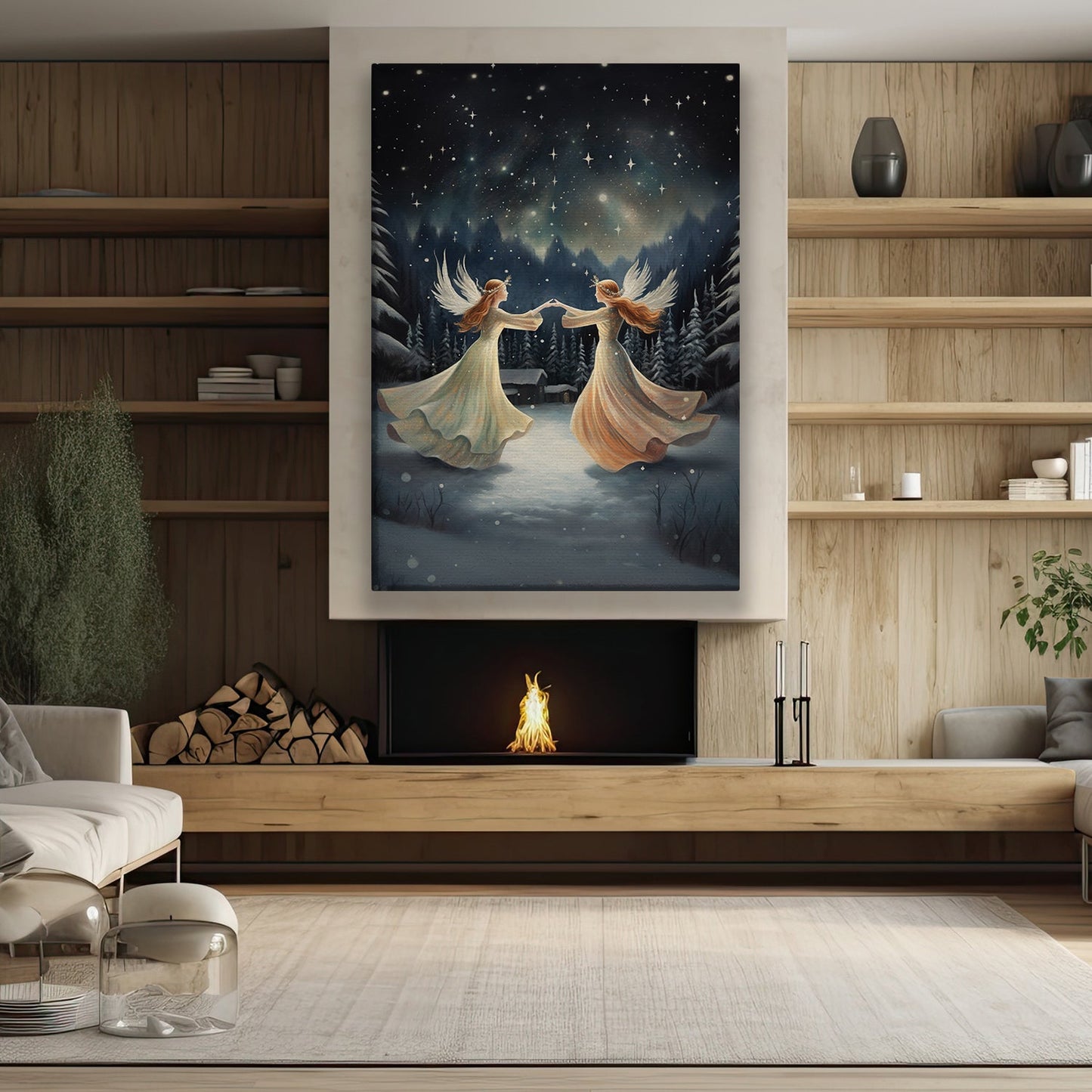 Dance of the Celestial Guardians Midnight Serenade, Christmas Canvas Painting, Xmas Wall Art Decor - Christmas Poster Gift For Angel Lovers