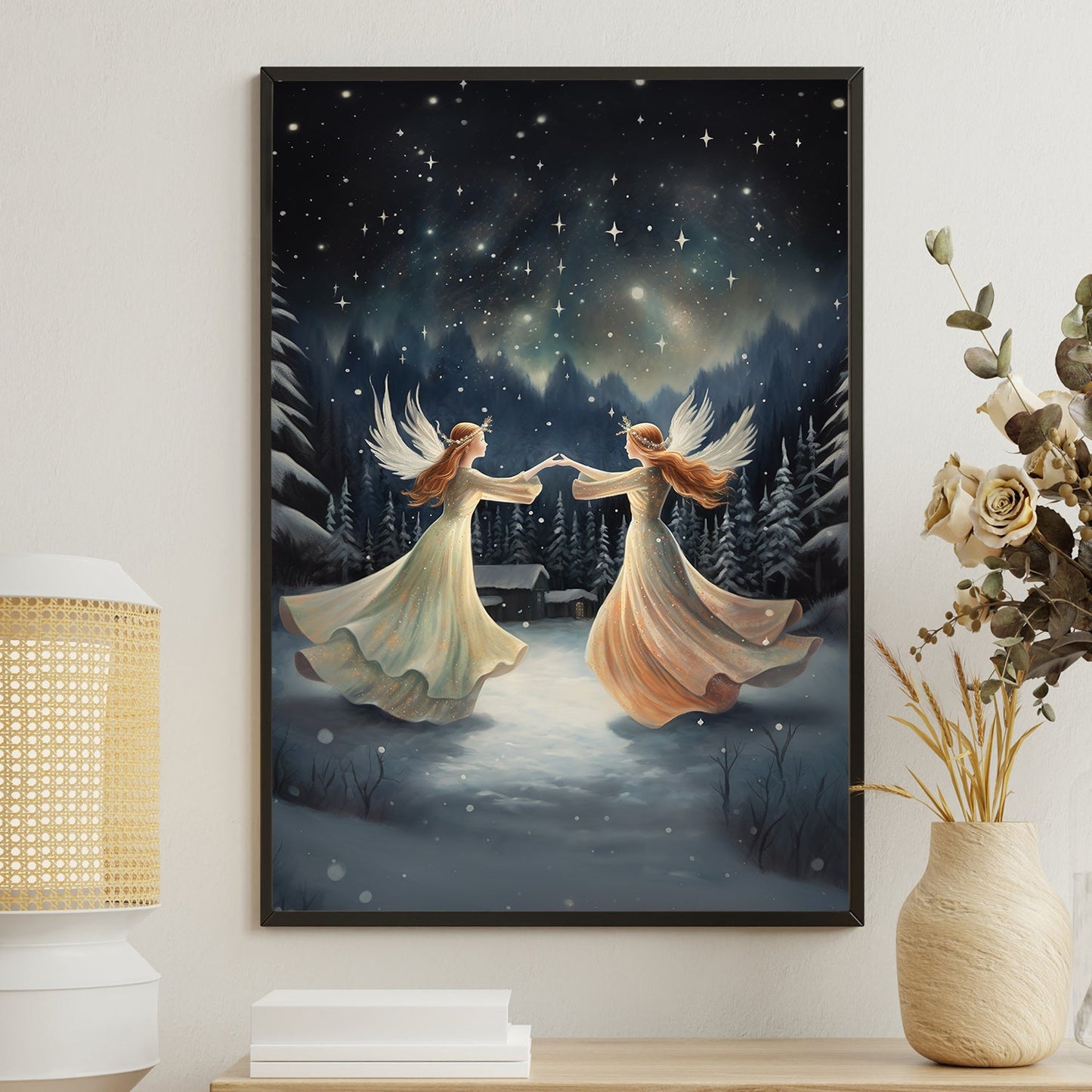 Dance of the Celestial Guardians Midnight Serenade, Christmas Canvas Painting, Xmas Wall Art Decor - Christmas Poster Gift For Angel Lovers