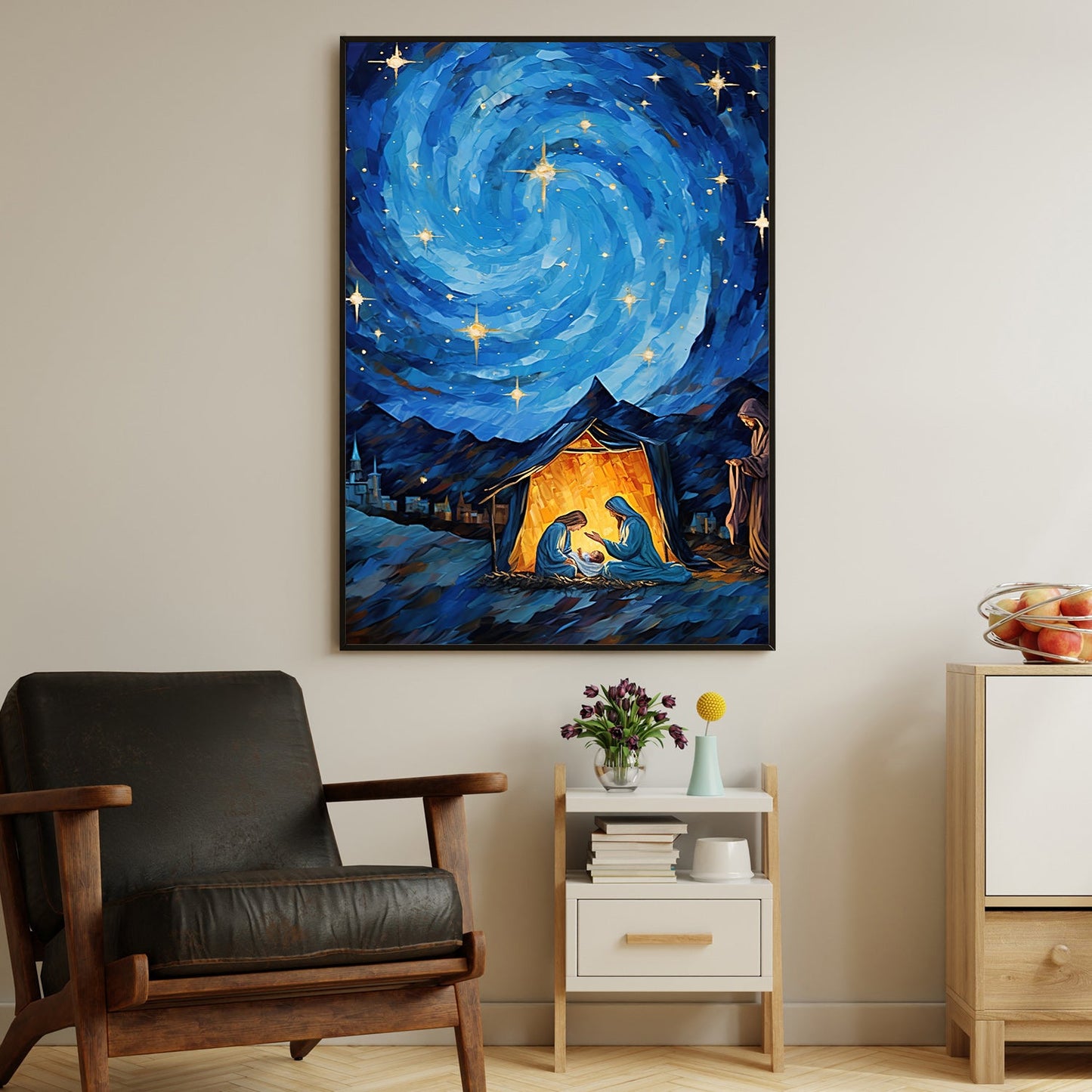 Starry Night Nativity A Celestial Celebration of Birth, Christmas Canvas Painting, Xmas Wall Art Decor - Christmas Poster Gift