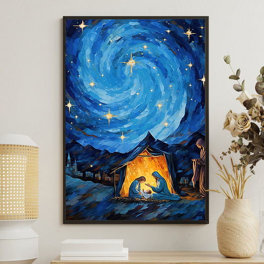 Starry Night Nativity A Celestial Celebration of Birth, Christmas Canvas Painting, Xmas Wall Art Decor - Christmas Poster Gift