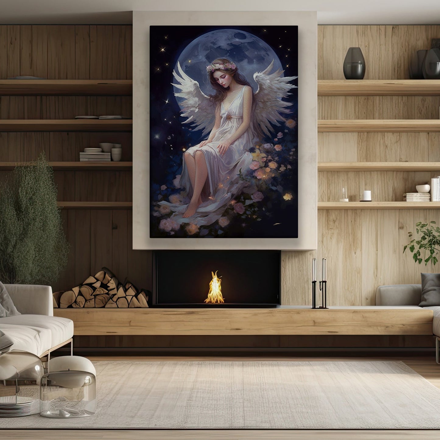 Guardian of the Night Blooms Christmas Canvas Painting, Xmas Wall Art Decor - Angel Poster Gift