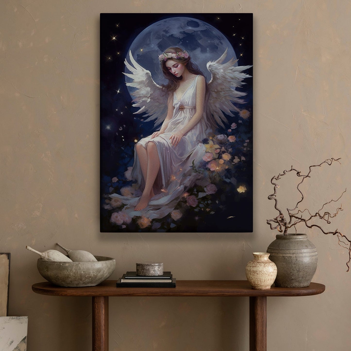 Guardian of the Night Blooms Christmas Canvas Painting, Xmas Wall Art Decor - Angel Poster Gift