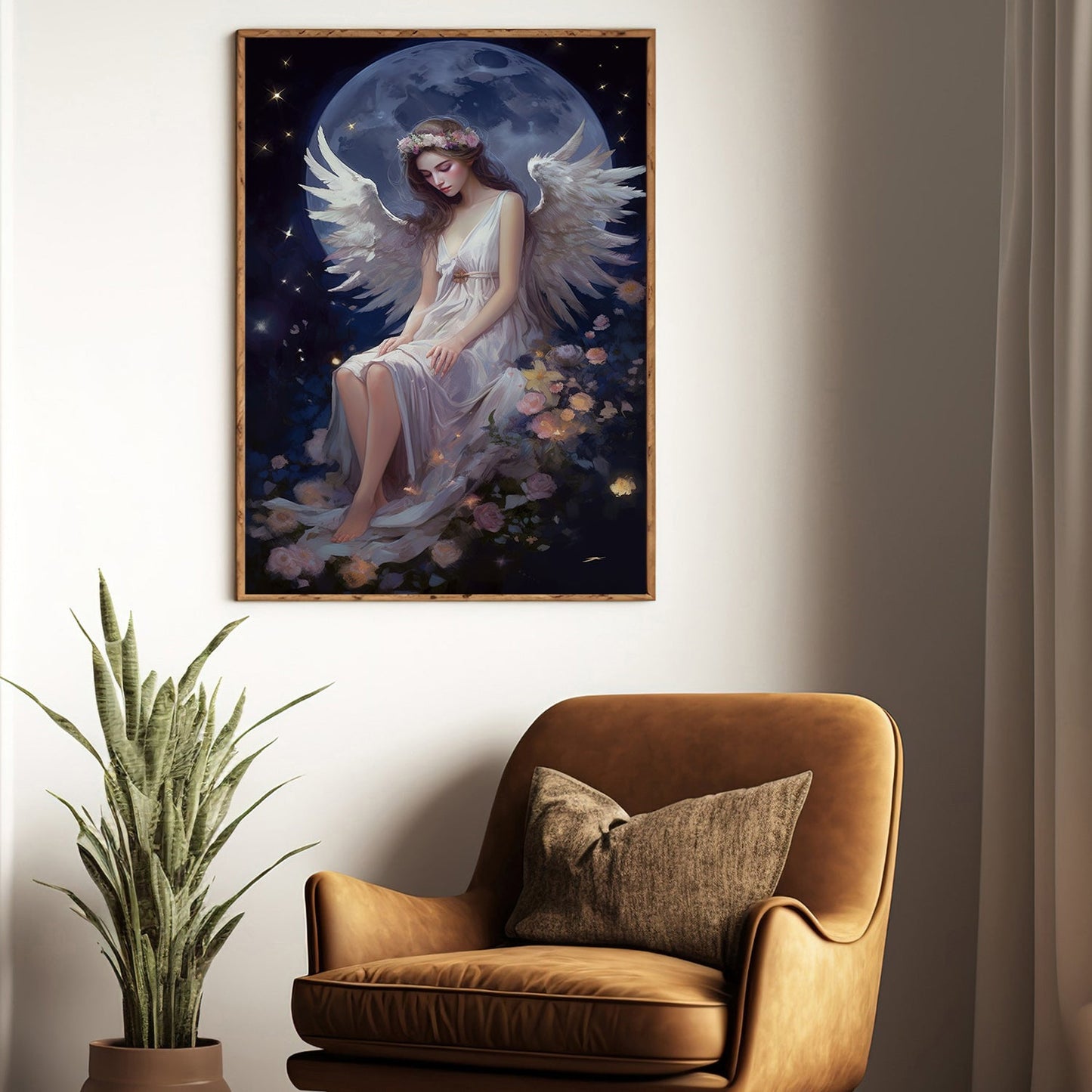 Guardian of the Night Blooms Christmas Canvas Painting, Xmas Wall Art Decor - Angel Poster Gift