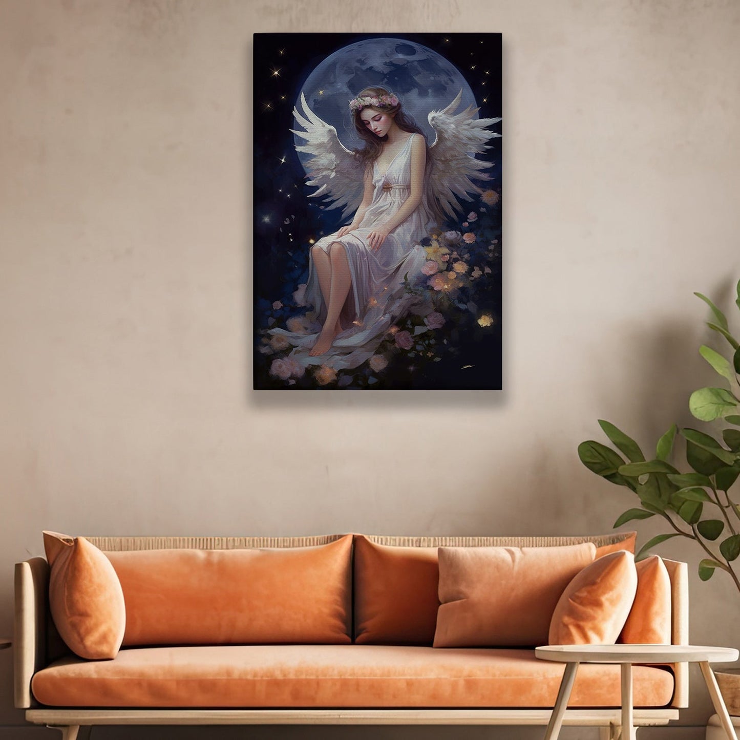 Guardian of the Night Blooms Christmas Canvas Painting, Xmas Wall Art Decor - Angel Poster Gift