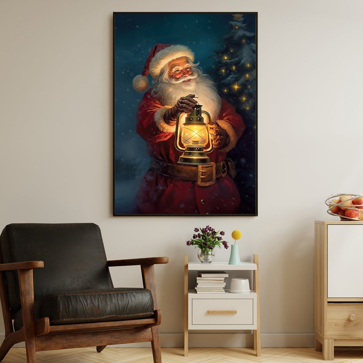 Guiding Light Santa's Midnight Journey Christmas Canvas Painting, Xmas Wall Art Decor - Santa Claus Poster Gift