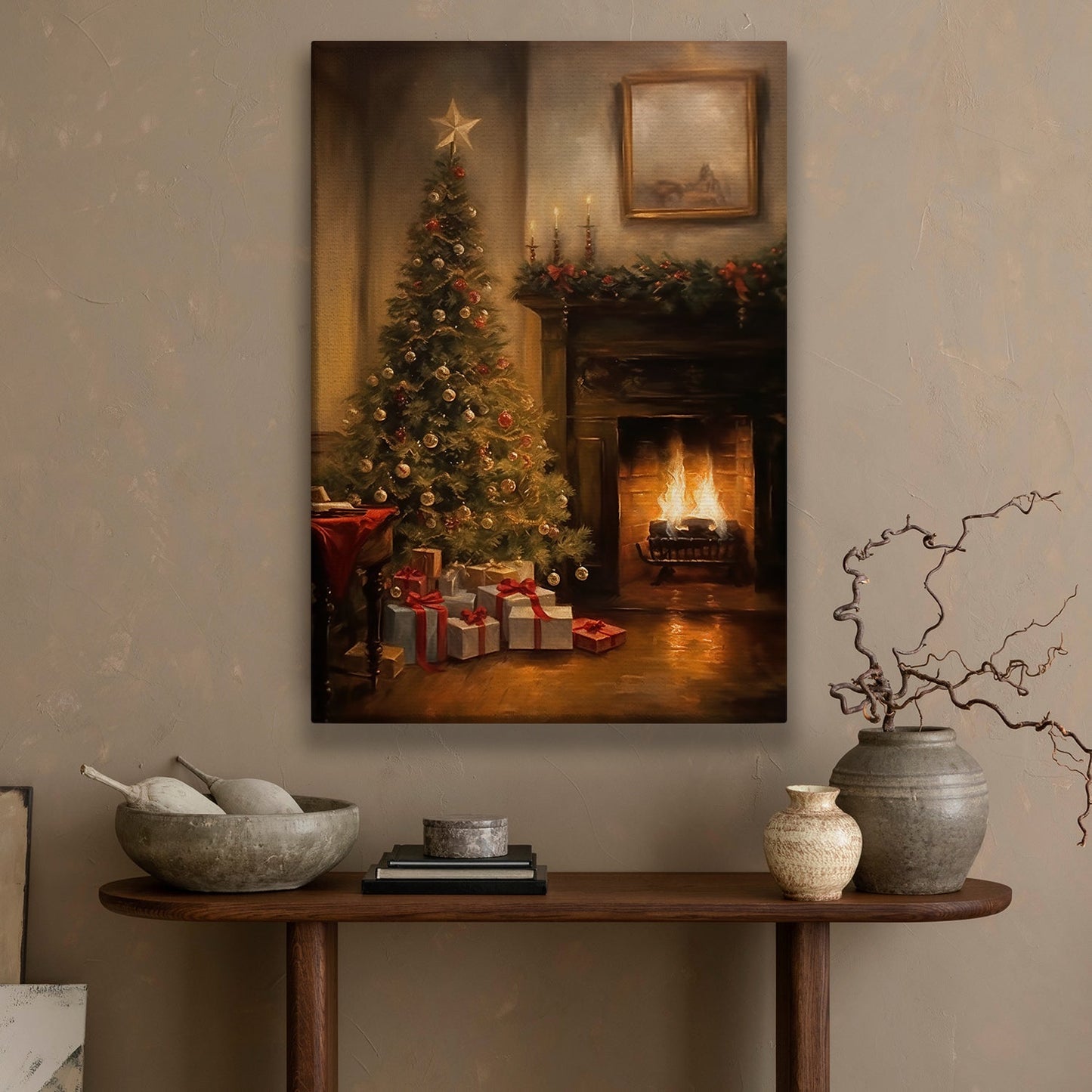 Cozy Christmas Eve Warmth by the Hearth Christmas Canvas Painting, Xmas Wall Art Decor - Christmas Poster Gift