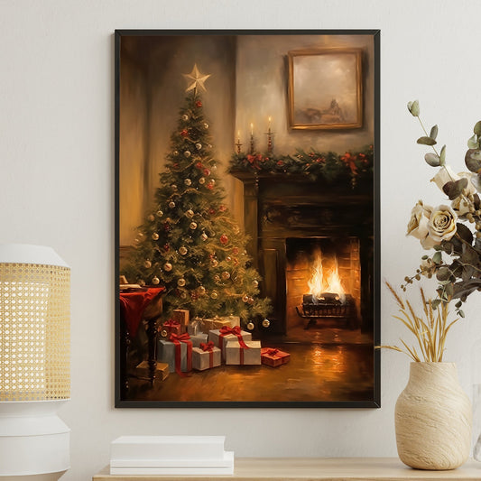 Cozy Christmas Eve Warmth by the Hearth Christmas Canvas Painting, Xmas Wall Art Decor - Christmas Poster Gift