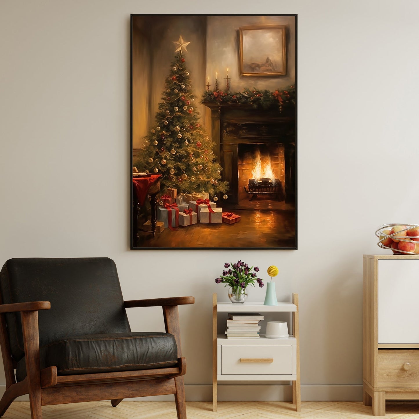 Cozy Christmas Eve Warmth by the Hearth Christmas Canvas Painting, Xmas Wall Art Decor - Christmas Poster Gift